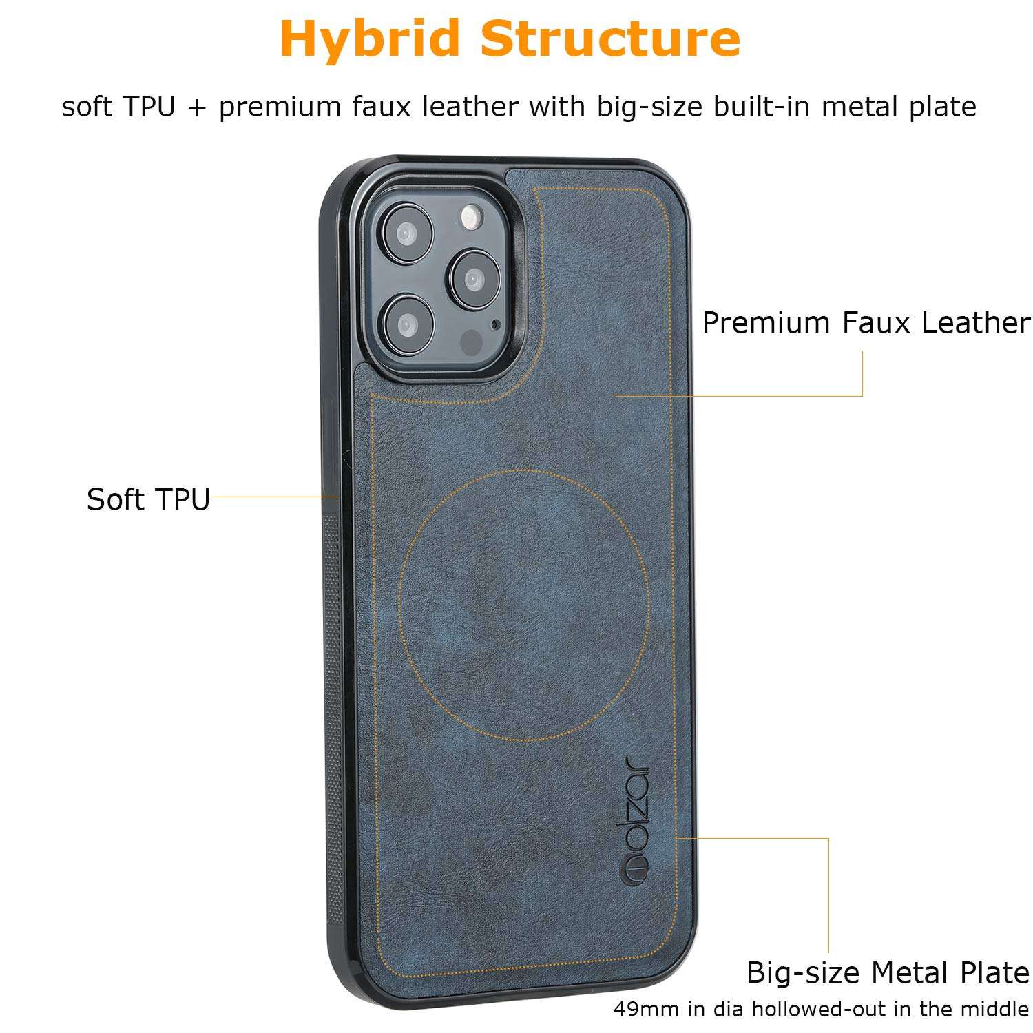 molzar GripBig Series iPhone 12 Pro Max Case with TPU and Faux Leather, Built-in Metal Plate for Magnetic Car Mount, Wireless Charging Support, Compatible with iPhone 12 Pro Max, Black/Blue 3