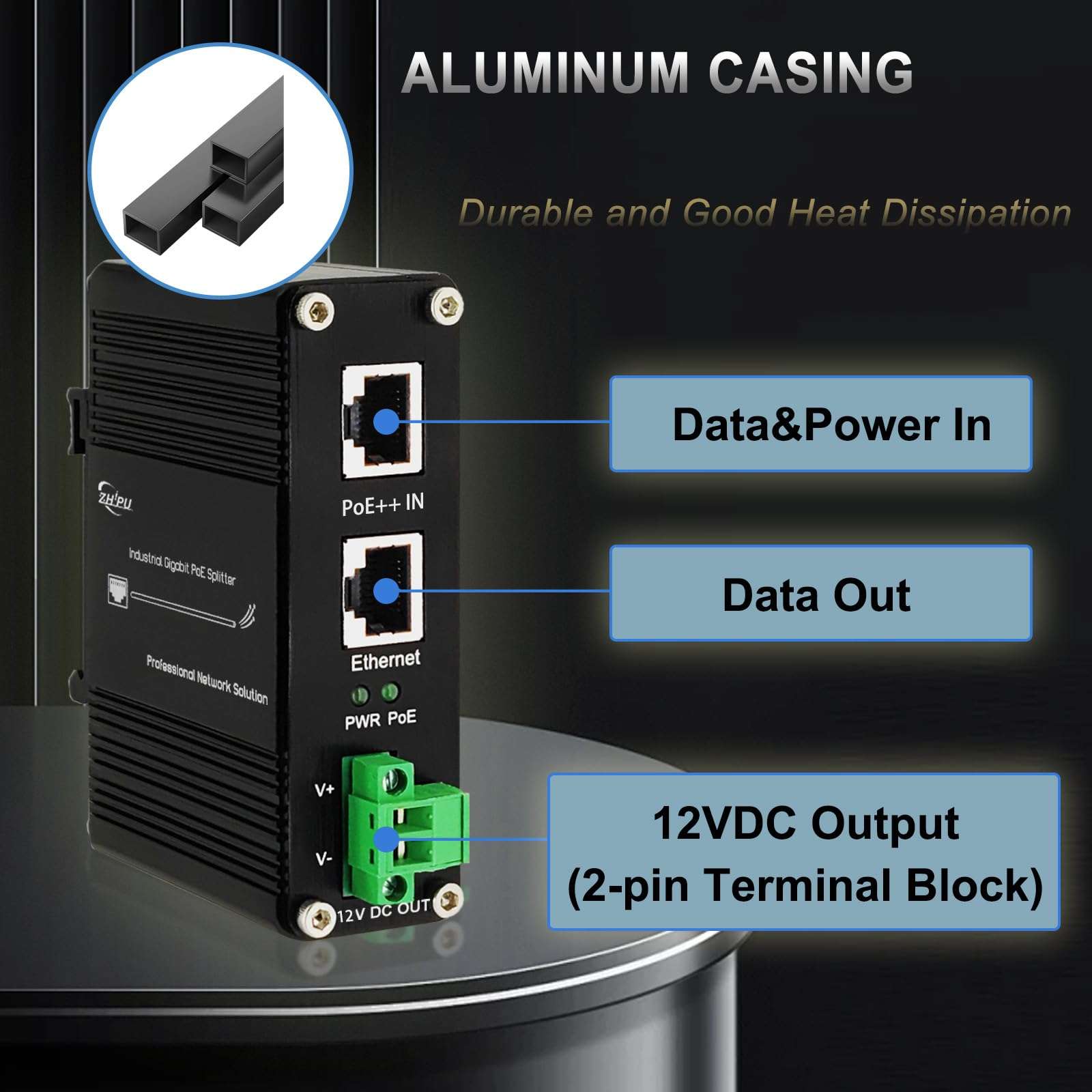 Industrial Hardened Gigabit PoE++ Splitter PoE IEEE802.3 at 95W Input 12V DC Output DIN- Rail Wall Mount -40°C to 80°C IP40 4