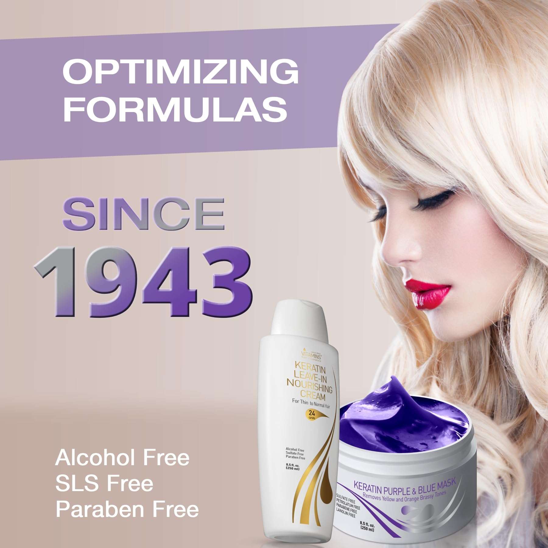 VITAMINS hair cosmetics Keratin Thin Hair Leave-In Conditioner & Purple Blue Hair Mask Kit - Hydrating No Rinse Cream & Anti-Brass Conditioner for Bleached Blonde Platinum Silver Gray Dry Damaged Hair 5