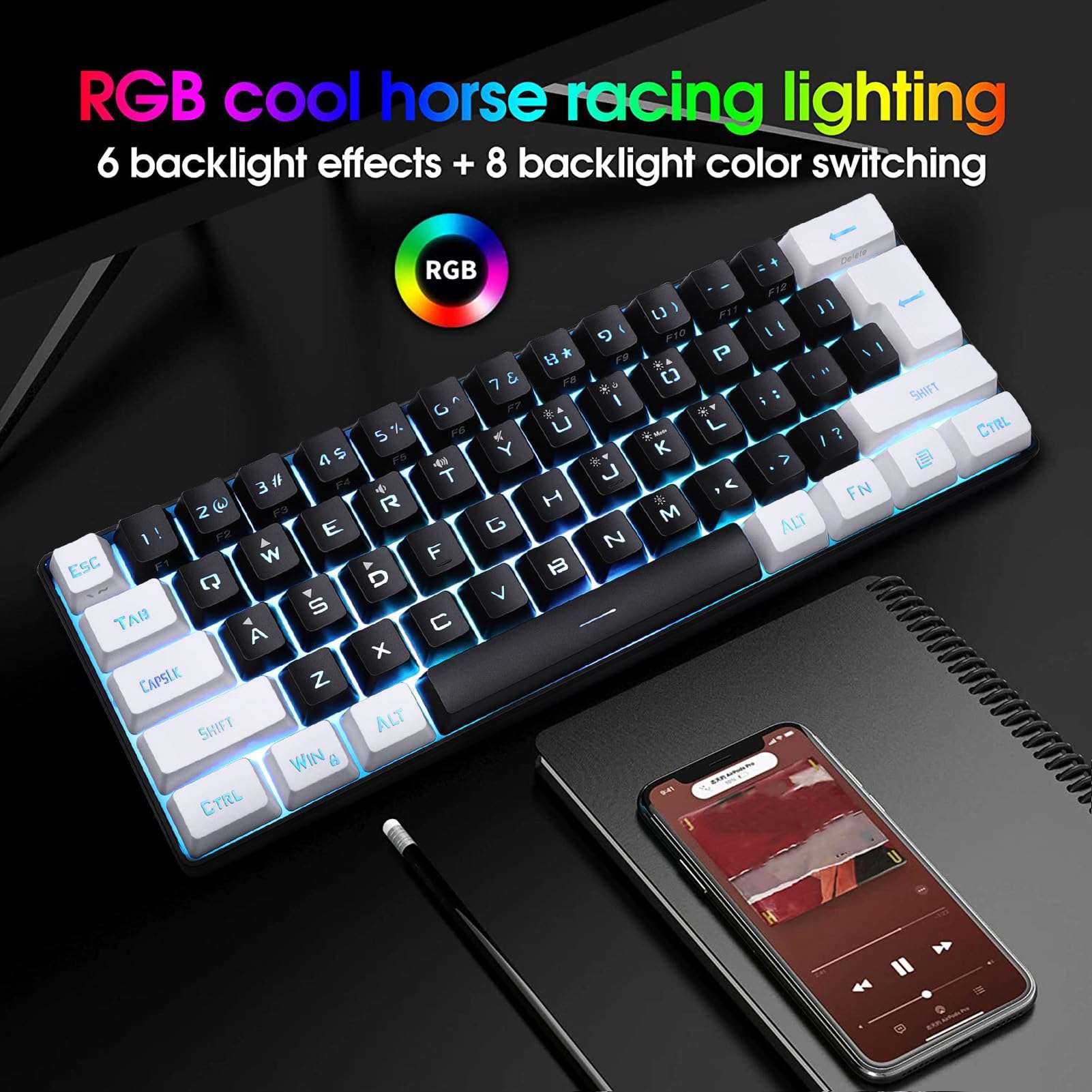 ASHATA 60% Wired Gaming Keyboard, 61 Keys RGB Backlit Ultra Compact Mini Keyboard, Ergonomic Merchanical Small Gaming Keyboard for Win, for OS X, Easy to Carry (Black) 3
