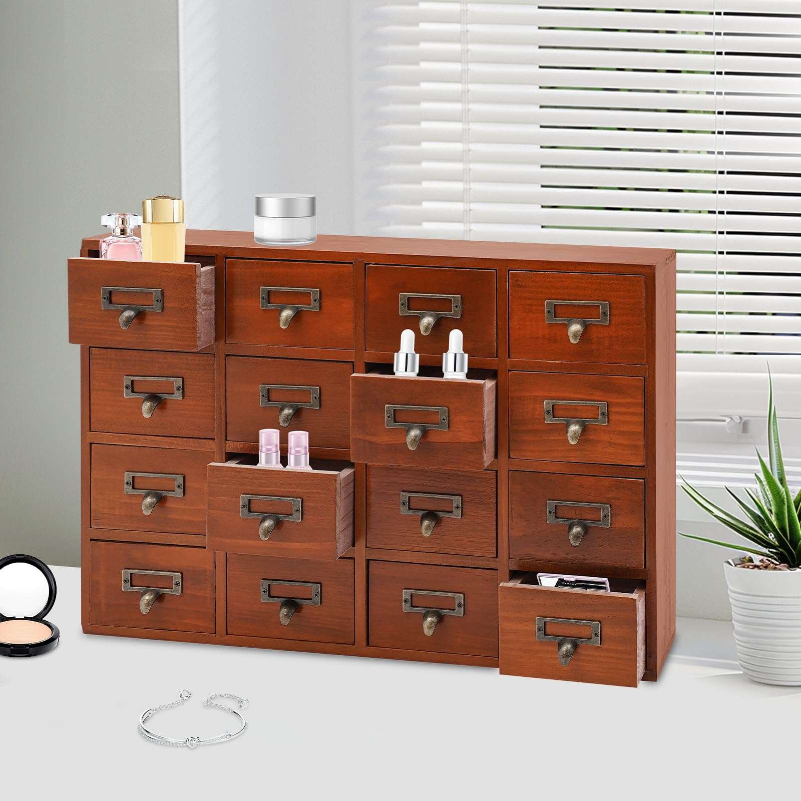 16-Drawer Wood Desk Organizer, Desktop Drawer Tabletop Storage Organization Box with Label Slot for Home Office Pharmacies, No Assembly Required, 19.69 * 3.94 * 13.78in 5