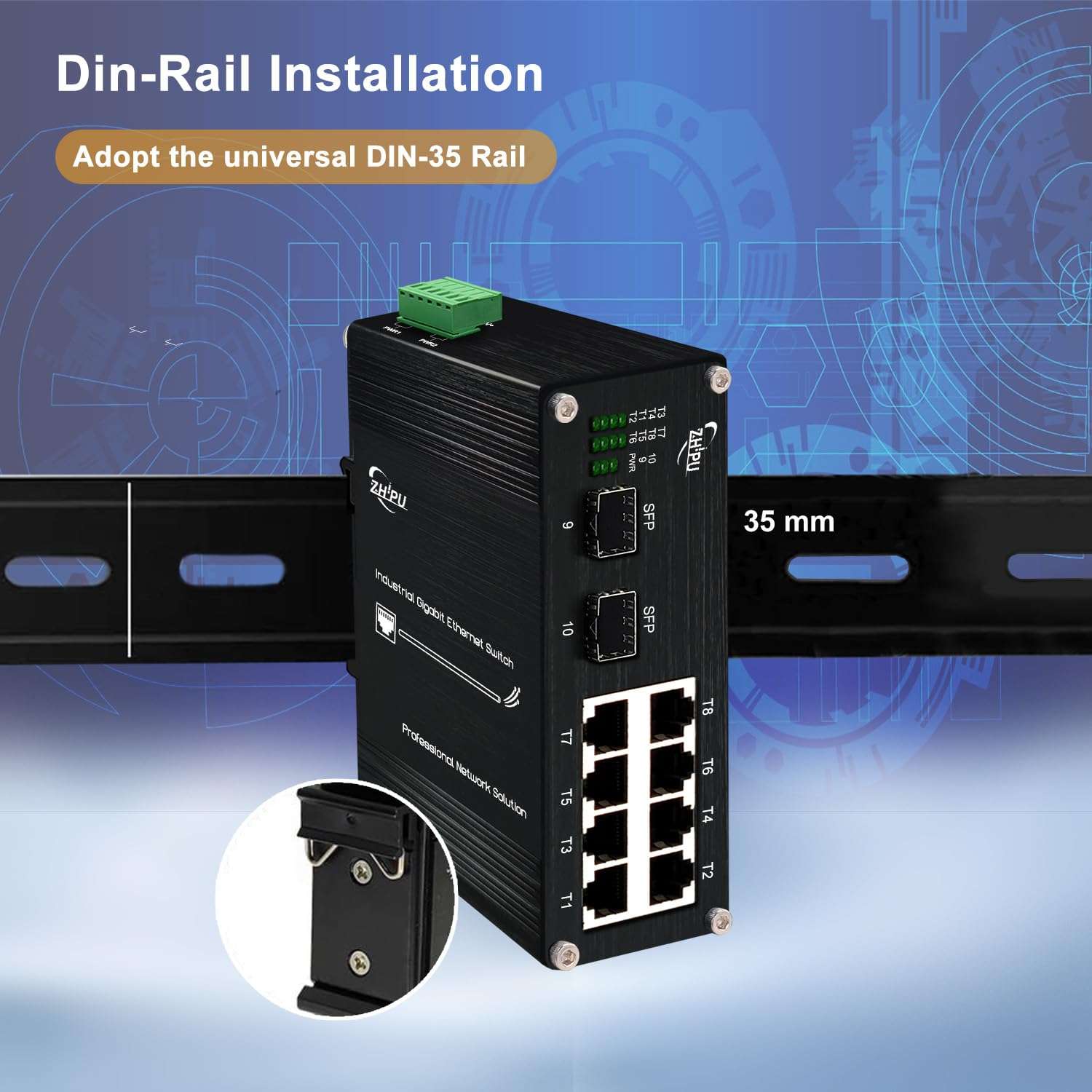 Industrial 8 Port Gigabit 30W PoE Switch with 20Gbps Bandwidth, 8 PoE Port 10/100/1000Mbps, 2 SFP Port, 802.3af/at Ethernet Switch, IP40 Al case, Din Rail or Desktop 6