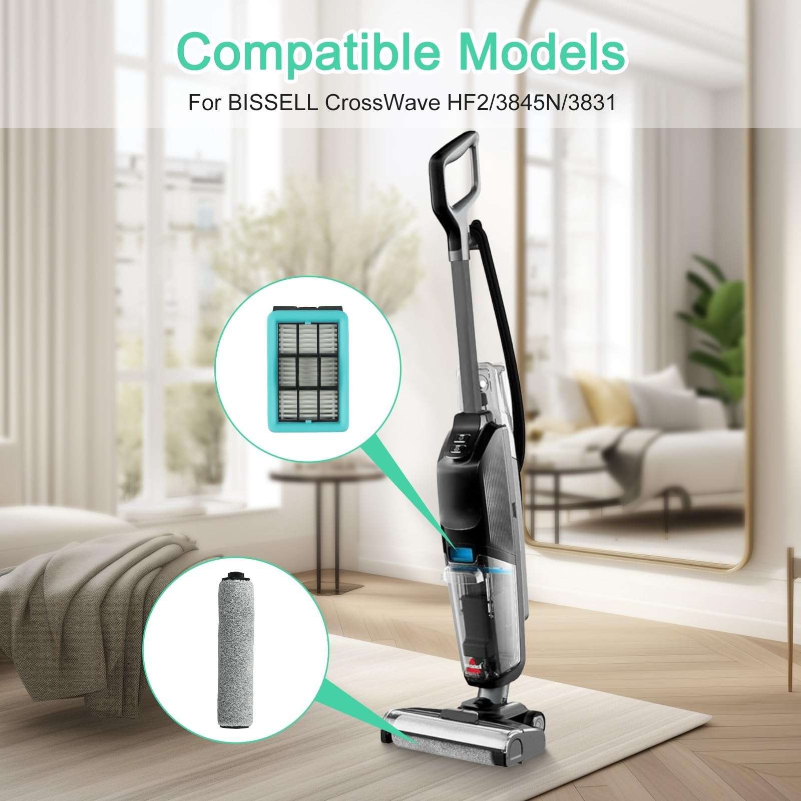 Vacuum Cleaner for Brush Roll Filter Replacement Compatible For Bissell,For CrossWave HF2/3845N/3831 Floor Scrubber(Filter) 4