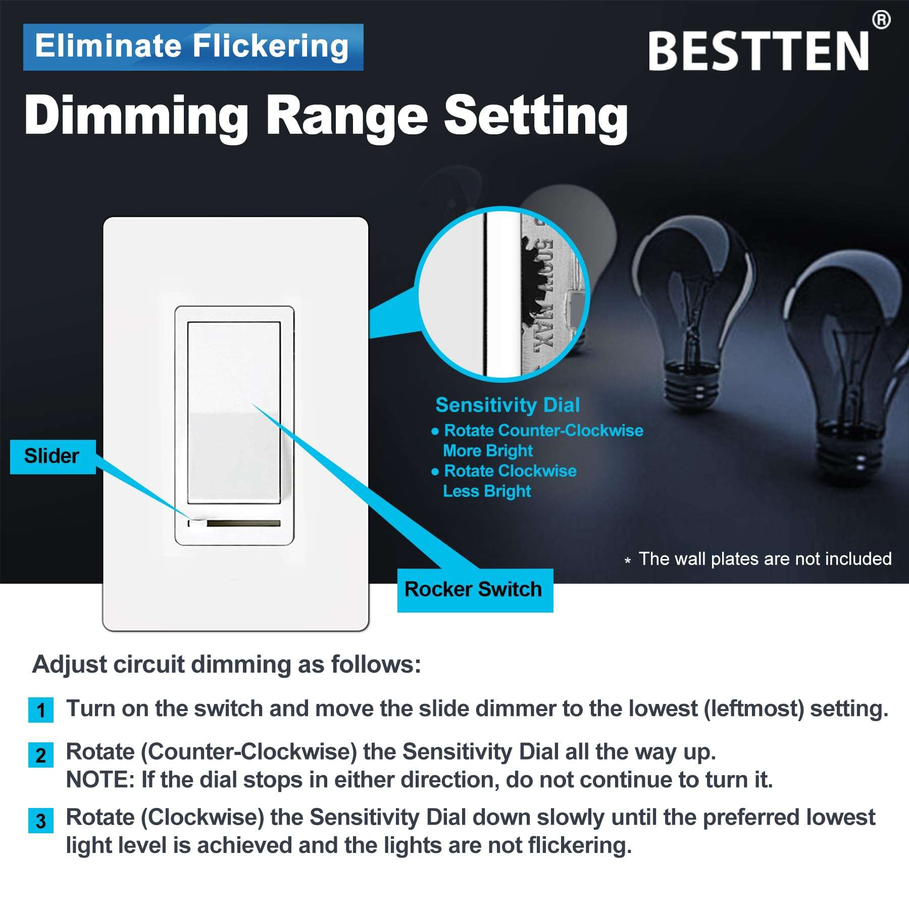 BESTTEN 10 Pack Dimmer Light Switch, Single Pole or 3-Way, LED Dimmer Switches with 5 Pack Wall Plate 6