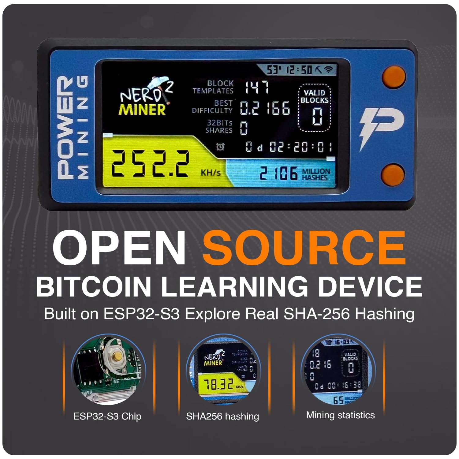 NerdMiner V2 Open Source Bitcoin Miner – 256KH/s ESP32-S3 Dual-core LX7 Solo BTC Miner with 1.9" LCD Color Screen, 1W Power Consumption, WiFi 2.4GHz, USB-C Educational Crypto Mining Device 3