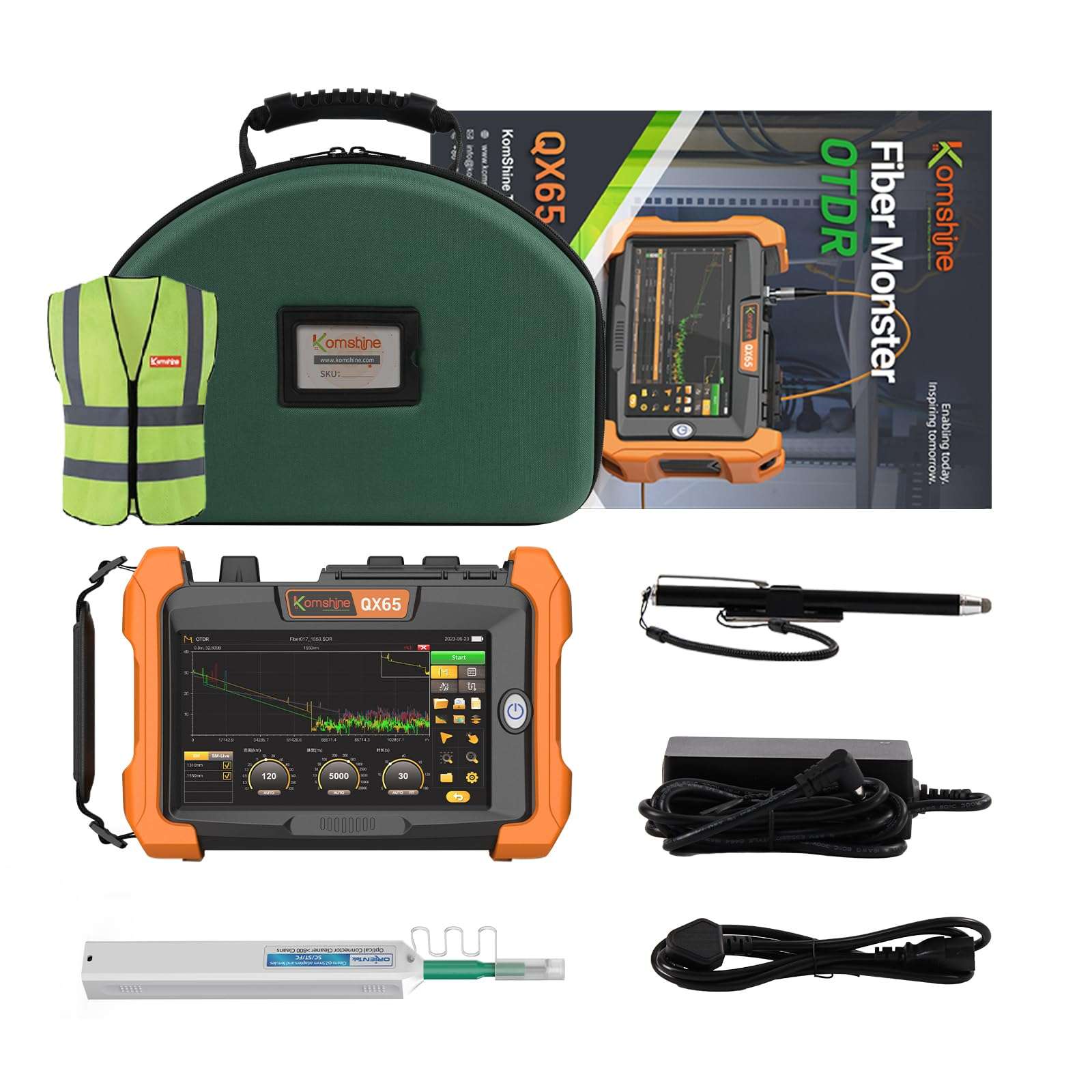 Live PON 1625nm KOMSHINE OTDR QX65 Up to 140KM 38 36 34dB w/iOLA One Click Intelligent Testing Function + 1: 64 Fiber Splitter + OPM OLS V-F-L + Event Map+ RJ45+ Re-Mote Control Trunk Line CAT5 CAT6 1