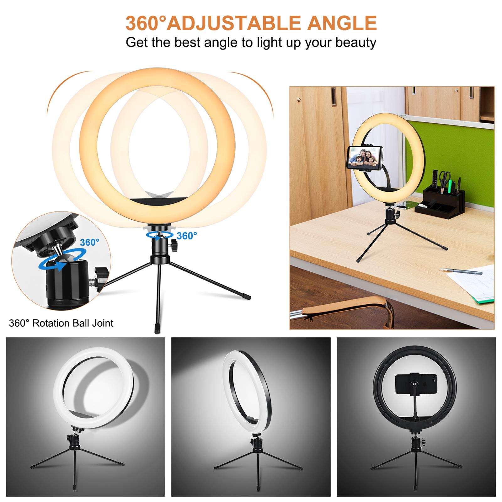 PEHESHE Ring Selfie LED Light 10" with Tripod Stand & Phone Holder Mini Dimmable Circle Light for Live Stream/Tiktok/YouTube/Makeup/Photography/Video 3 Light Modes 10 Brightness Level with Remote 4