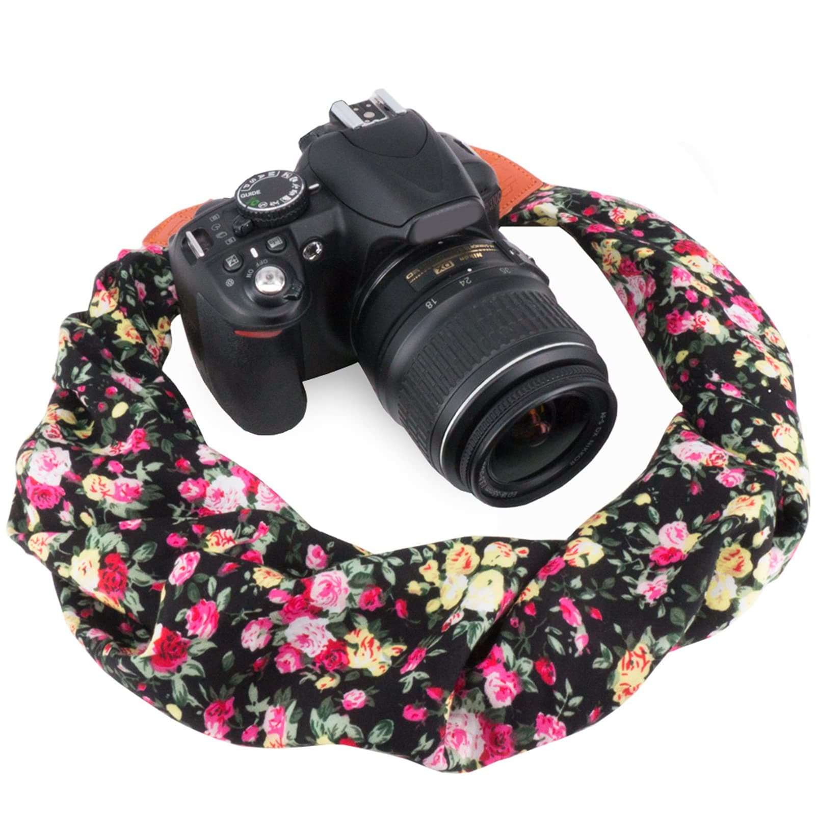 Wolven Soft Scarf Camera Neck Shoulder Strap Belt Compatible with All DSLR/SLR/Digital Camera (DC) / Instant Camera Etc, Black Flower 3