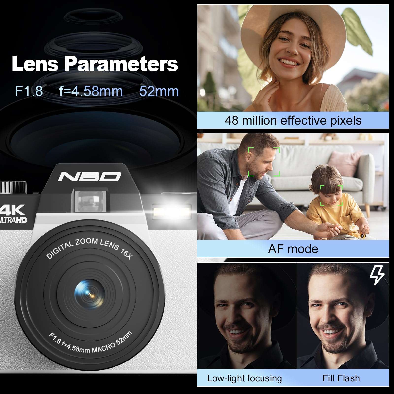 Digital Cameras for Photography,4K Vlogging Cameras for YouTube,Travel Point and Shoot Digital Cameras Fotograficas with 180°Flip Screen,16X Digital Zoom,52mm Macro Lens,2 Batteries（White） 4