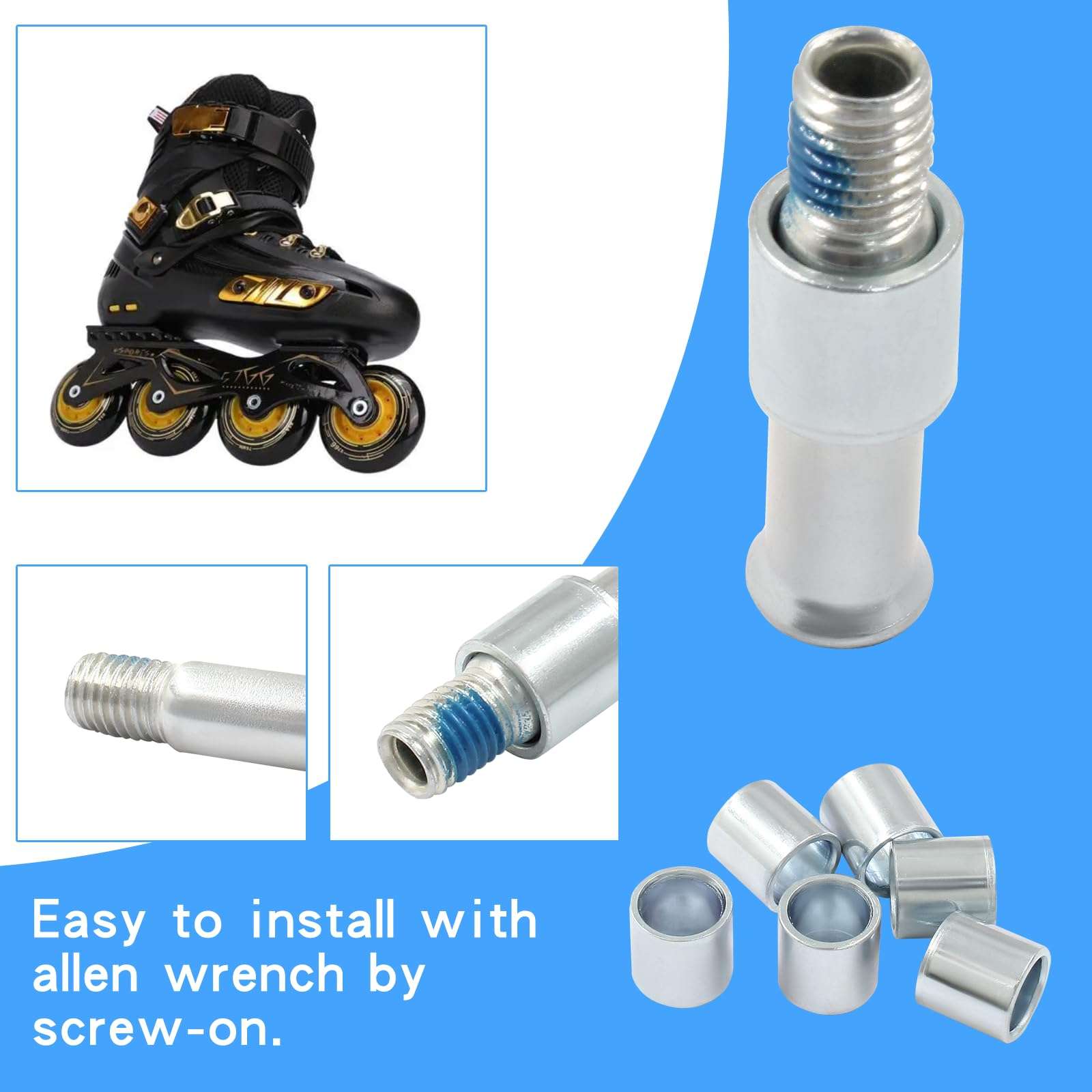 Luomorgo 17 Pcs/1 Set Inline Skate Wheel Axle Spacer Screw, 8mm/5/16" OD Shaft Hex Socket Screw Axles for Roller Skate with M4 T Handle Allen Wrench 6