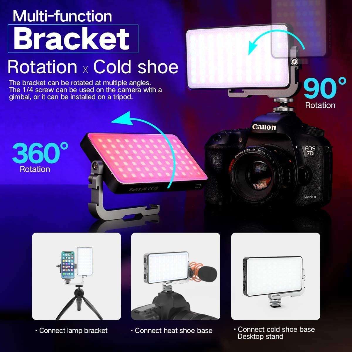 IVISII G2 Pocket RGB Camera Light,32Wh Built-in 4300mAh Rechargeable Battery 360°Full Color Gamut 9 Light Effects,2600-10000K LED Video Light Panel with Aluminum Alloy Body, Adjustable Tripod Stand 2