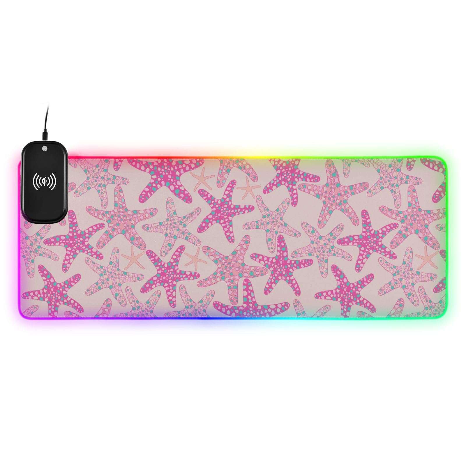 Pink Starfish Wireless Charging Mouse Pad for Mobile Phone Extra Large Gaming Mousepad with 13 Lighting Modes Computer Mat for Gaming MacBook PC Laptop Desk Office Home 1