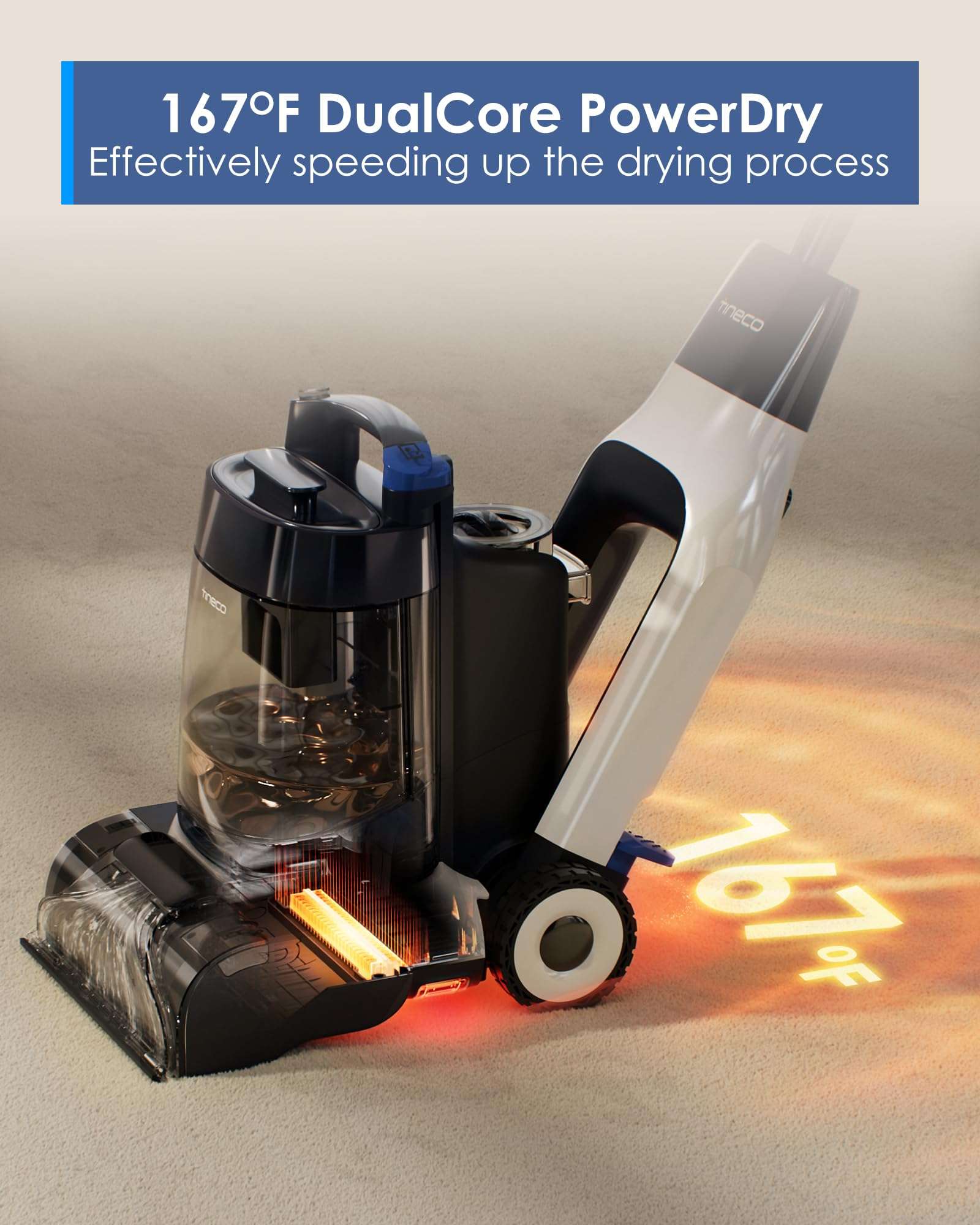 Tineco CARPET ONE Cruiser Smart Carpet Cleaner, Self-Cleaning and FlashDry, Deep Cleaning for Carpet and Upholstery 167℉ PowerDry 130W Powerful suction SmoothPower 4