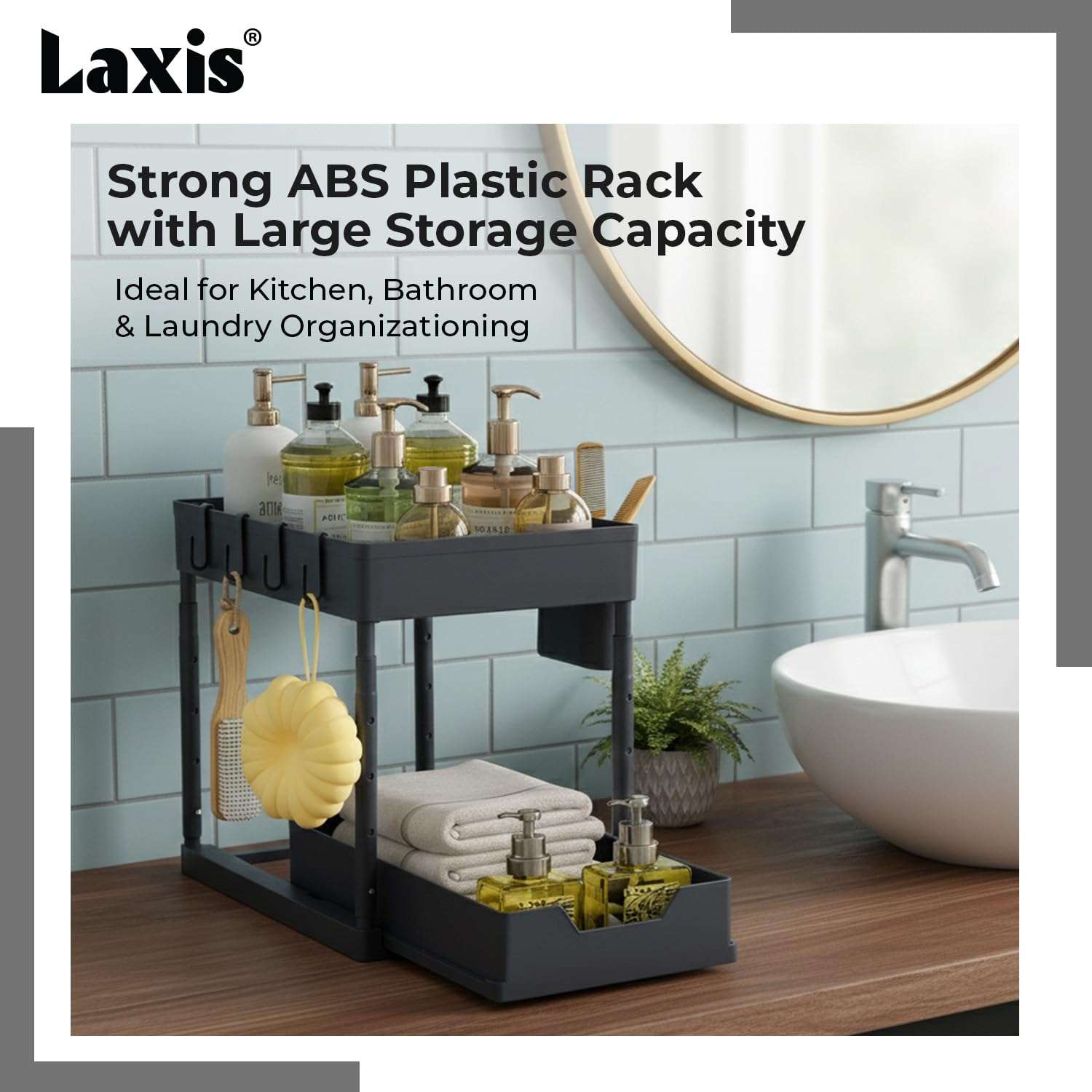 LAXIS® Kitchen Sink Organiser Under Sink Storage Organizer With Removable Hooks & Hanging Cup Kitchen Organizer With Abs Plastic Rack For Kitchen Storage & Bathroom Storage Cabinet Shelf Undersink 6