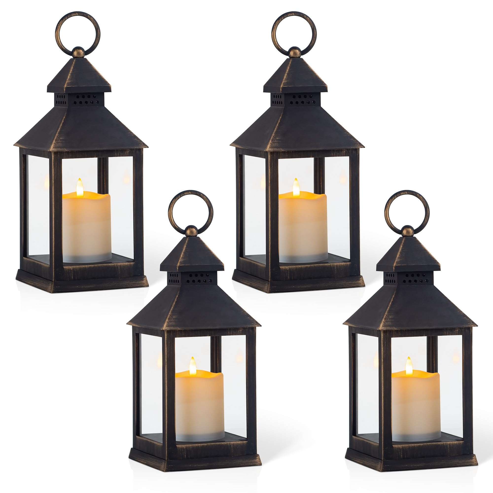 Yongmao Vintage Golden Brushed Black Lantern Decorative LED Flickering Flameless Candle with Timer, Battery Powered LED Decorative Hanging Lanterns for Indoor Outdoor Garden Yard Home Decor(4 Pack)