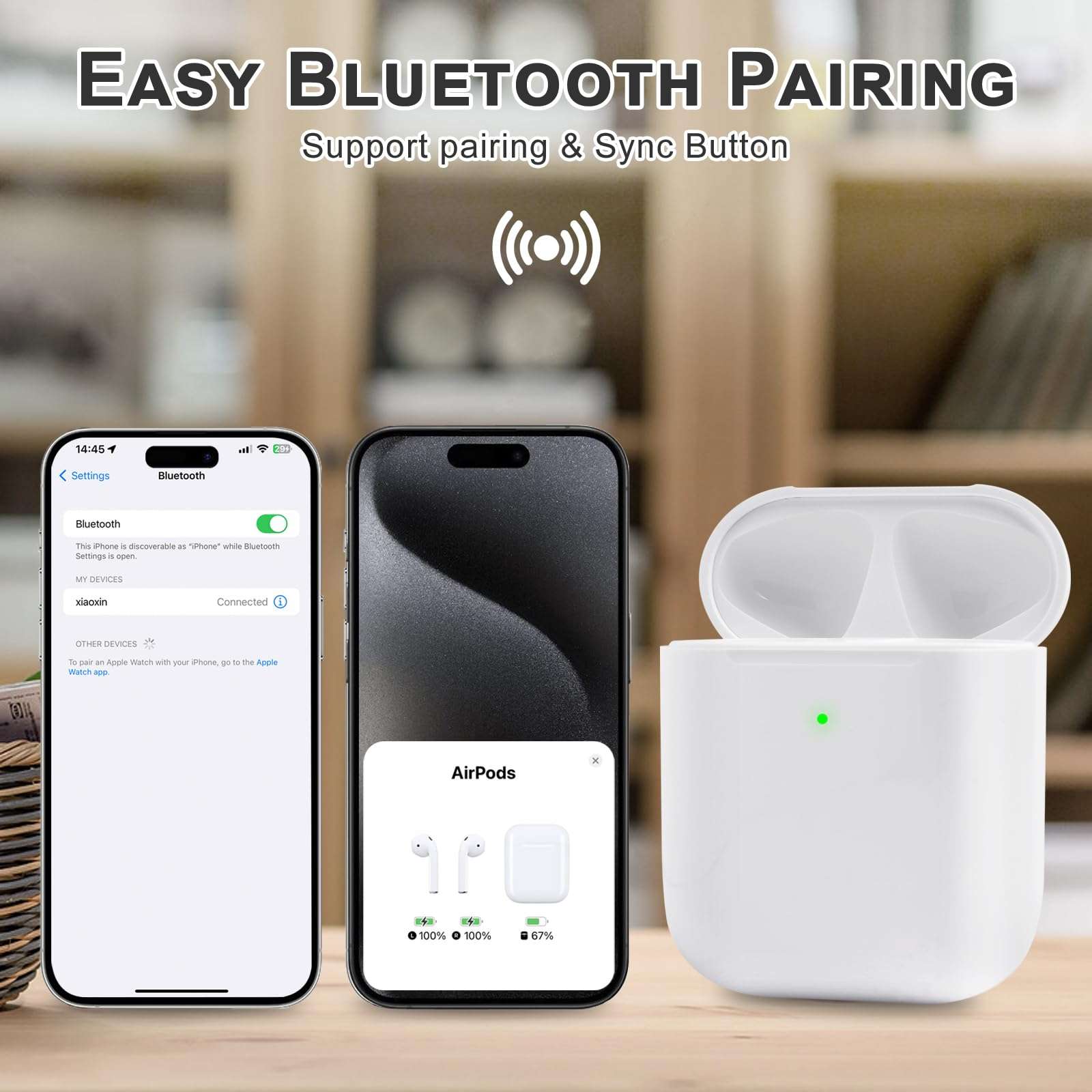 Wireless Charging Case Replacement Compatible for Airpod 1st & 2nd Generation Charging Case Bluetooth Pairing Sync Button Support Wired & Wireless Charger Case NO Earbuds 2