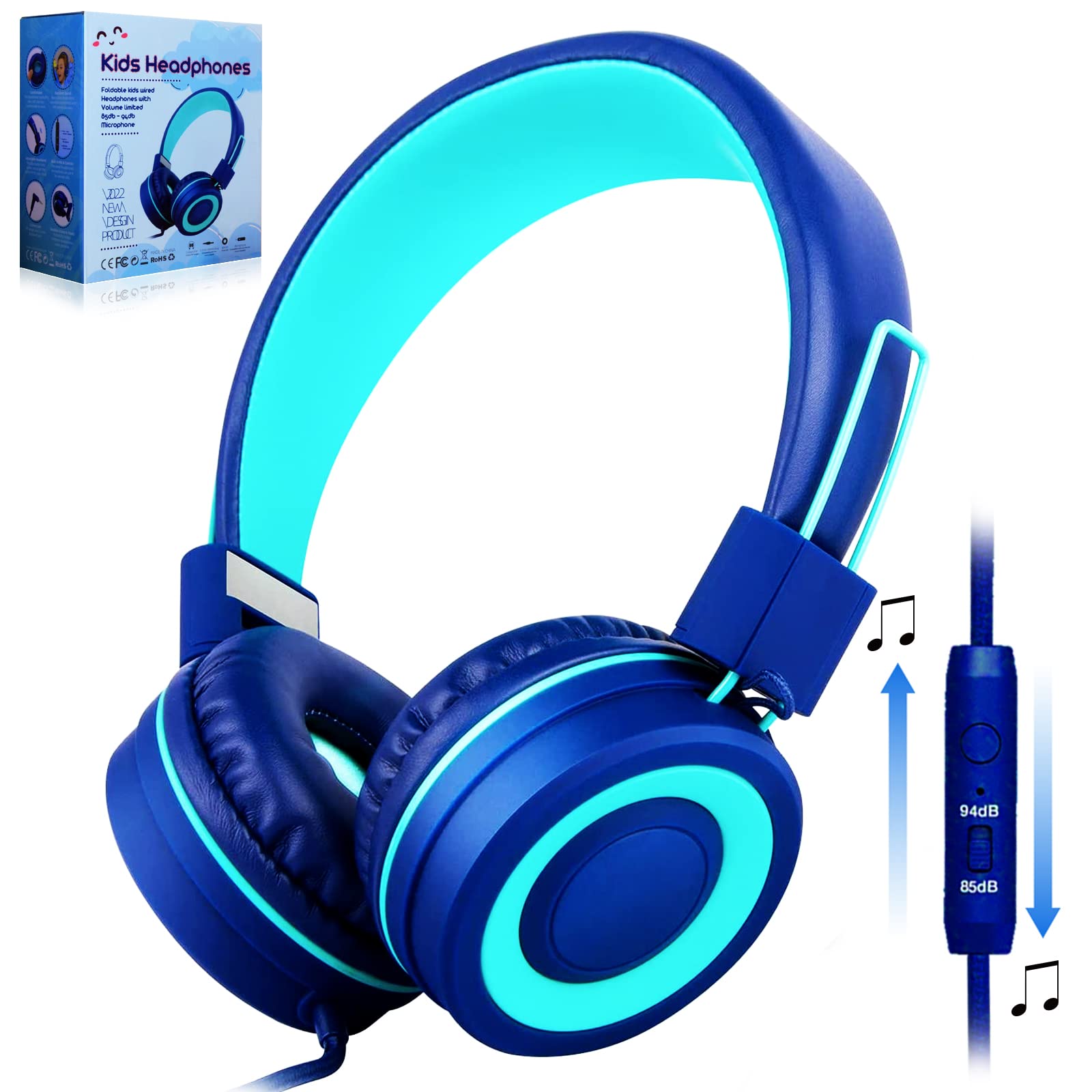 Kids Headphones Wired, Wired Headphones with Microphone, Volume 91dB, 3.5mm Jack for iPad/Kindle/Fire/Girls/Boys/School/Travel - White Grey