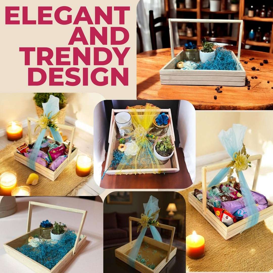 Vayu Art & Crafts Pinewood Gift Packaging Gift Hamper Basket with Handle (12x12x2.25"), 30x30x6 CM 5