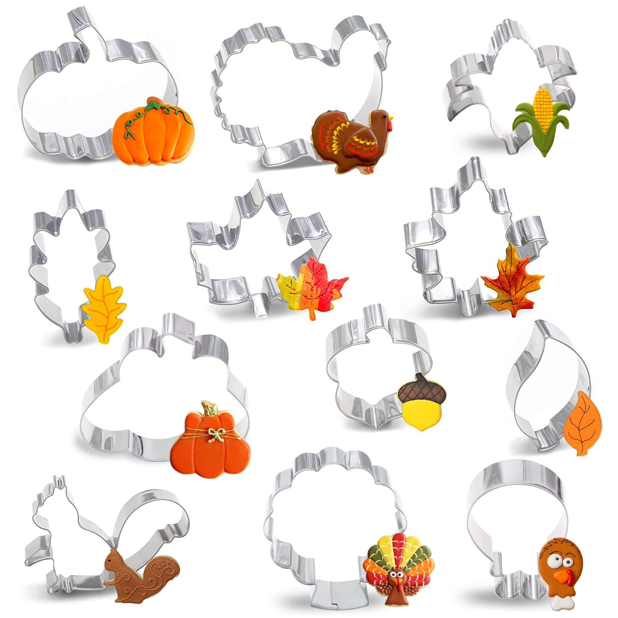 8PCS Large Fall Thanksgiving Cookie Cutter Set - Turkey, Pumpkin, Maple/Oak/Teardrop Leaf, Squirrel and Acorn