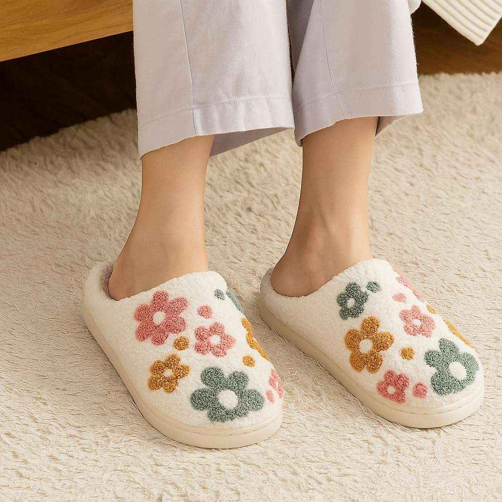 Furry House Slippers for Women/Men Warm Indoor Non-Slip Winter Shoes Flower Slippers Indoor Shoes 4