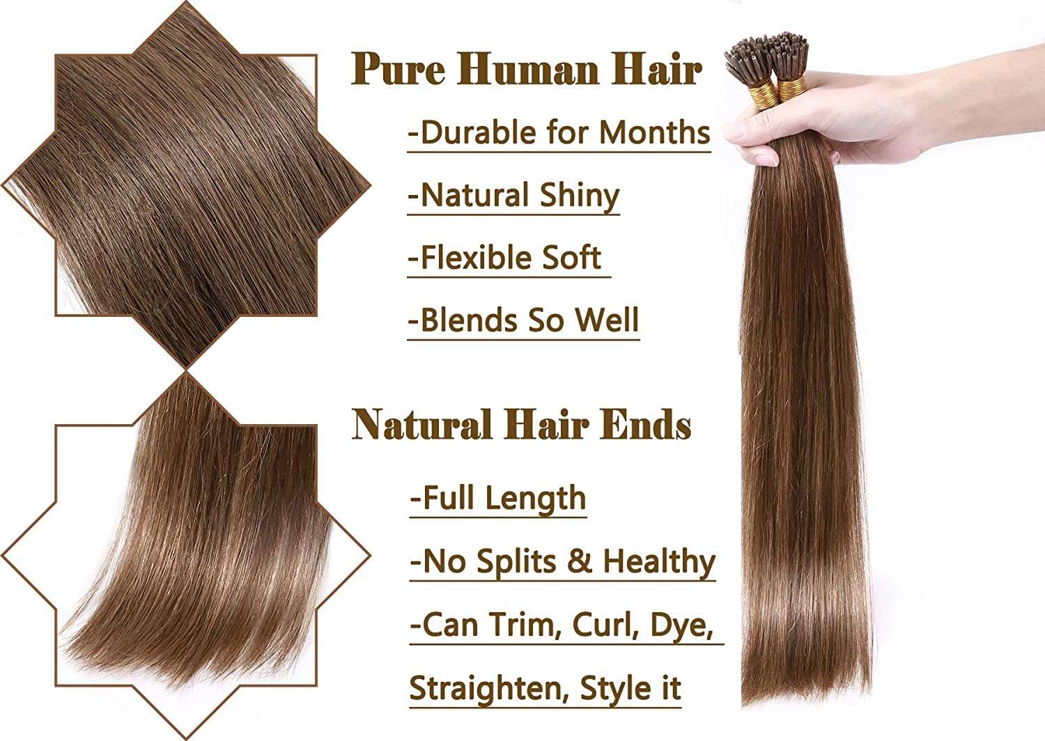 LHS -LUXURY HAIR STUDIO I-Tip Double Drawn Fusion Permanent Human Hair 24Inch Light Brown Straight (100 Strands) Hair Extension 4