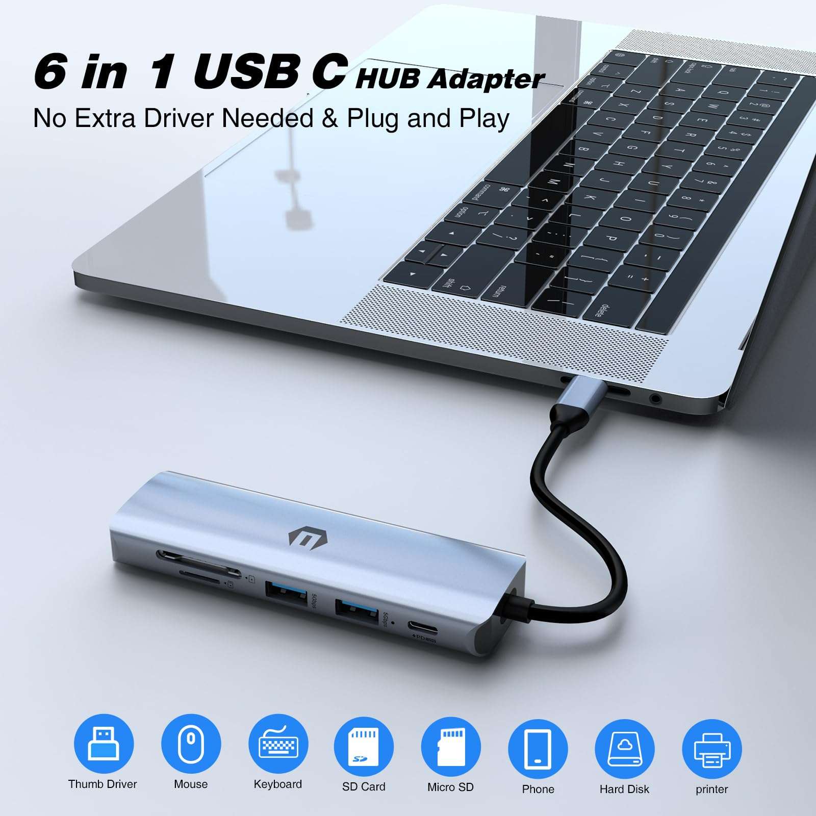 oditton USB C Hub, 6 in 1 Multiport Adapter, 4K HDMI, 100W PD, 3 x USB 3.0, SD/TF Card Reader, Compatible with USB C Laptops Dell/HP/Surface and More Type C Devices 4
