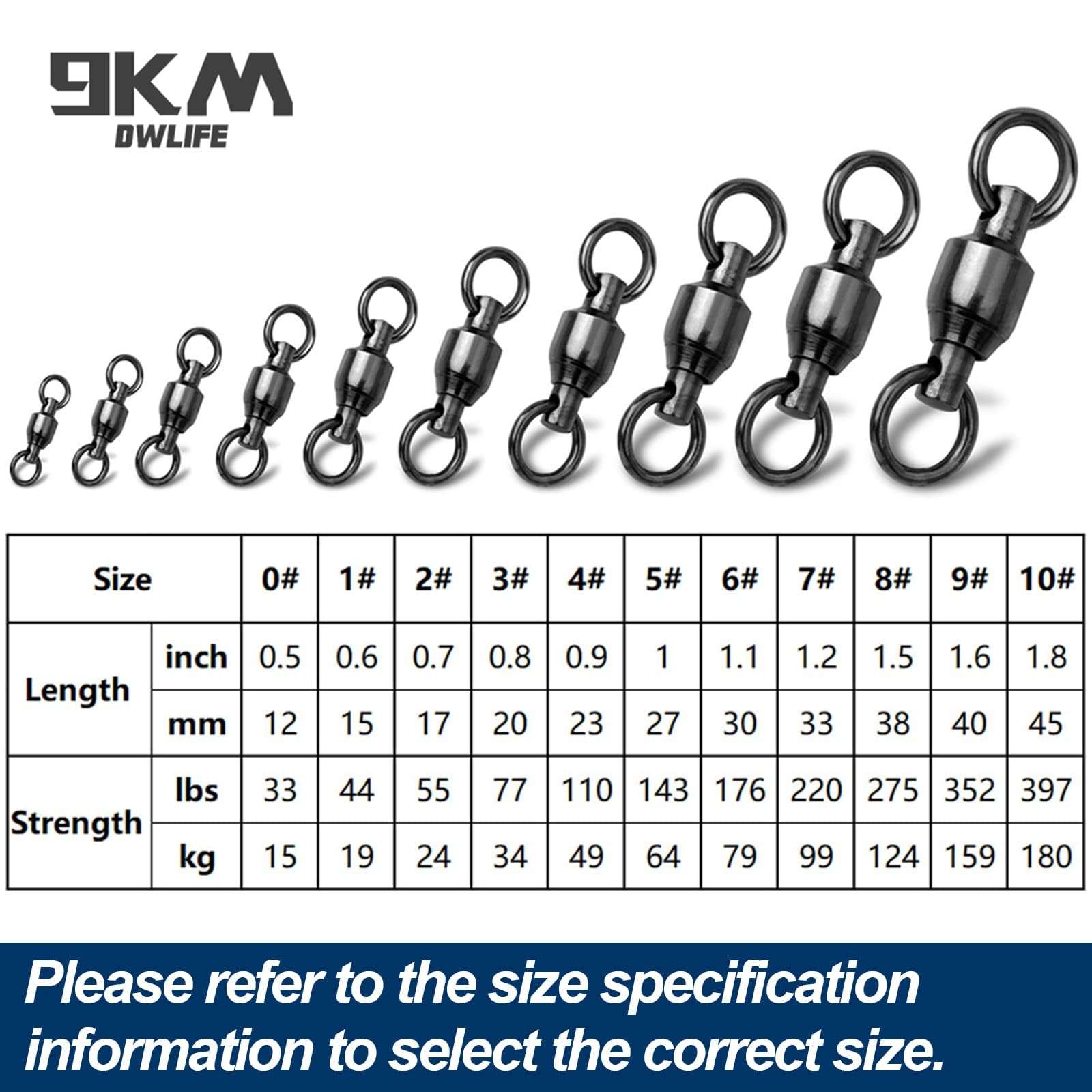 9KM DWLIFE Ball Bearing Swivels Copper Stainless Steel Solid Welded Ring Black Nickel High Strength Connector Saltwater Freshwater Fishing Tackle 30Pcs 0# 5