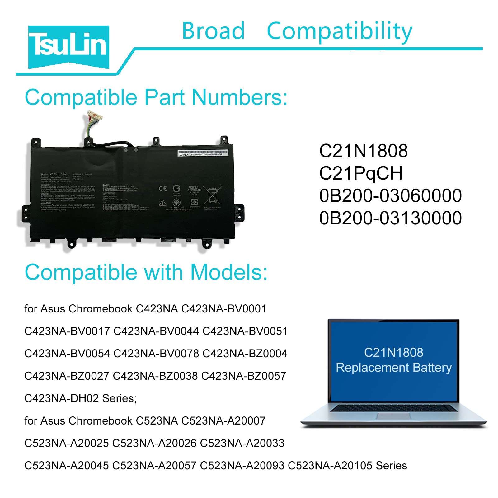 TsuLin C21N1808 38Wh 4940mAh Laptop Battery Compatible with Asus Chromebook C423NA C423NA-BV0001 C423NA-DH02 C423NA-1A C523NA C523NA-A20007 C523NA-1A Series C21PqCH 0B200-03130000 0B200-03060000 7.7V 5