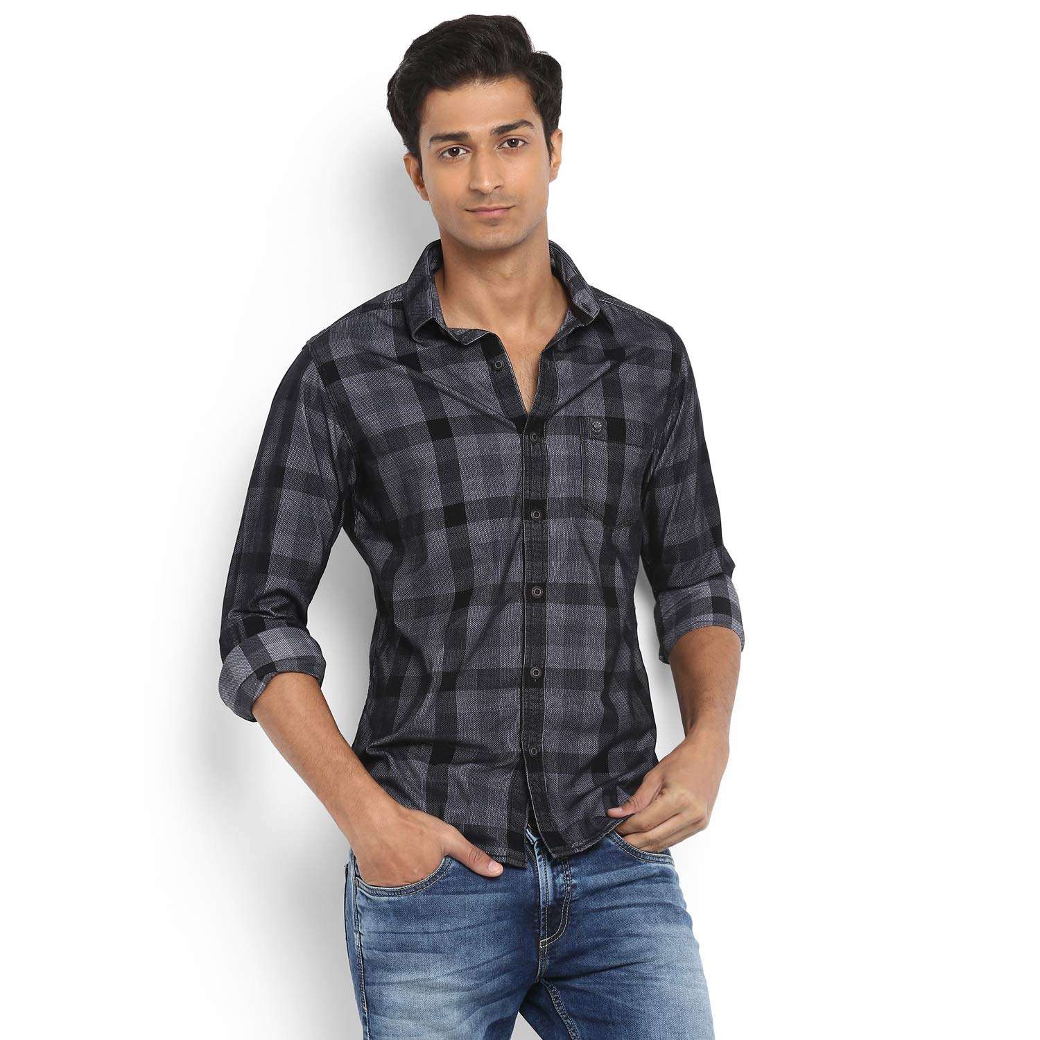 Mufti - MFS-10097-I Men's Grid Tattershall Grey Full Sleeves Shirt, XL 1