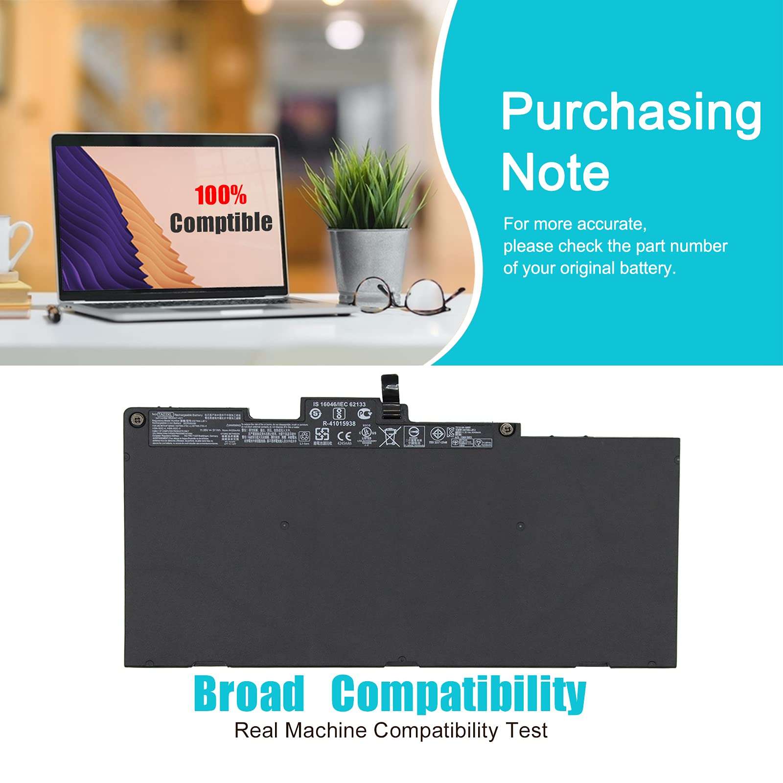 TsuLin TA03XL Laptop Battery Replacement for HP EliteBook 755 G4 840 G4 848 G4 850 G4 ZBook 14U G4 15U G4 Series HSTNN-LB7J HSTNN-IB7L TAO3XL 854047-1C1 854108-850 996QA101H TA03051XL 51Wh 4420mAh 4