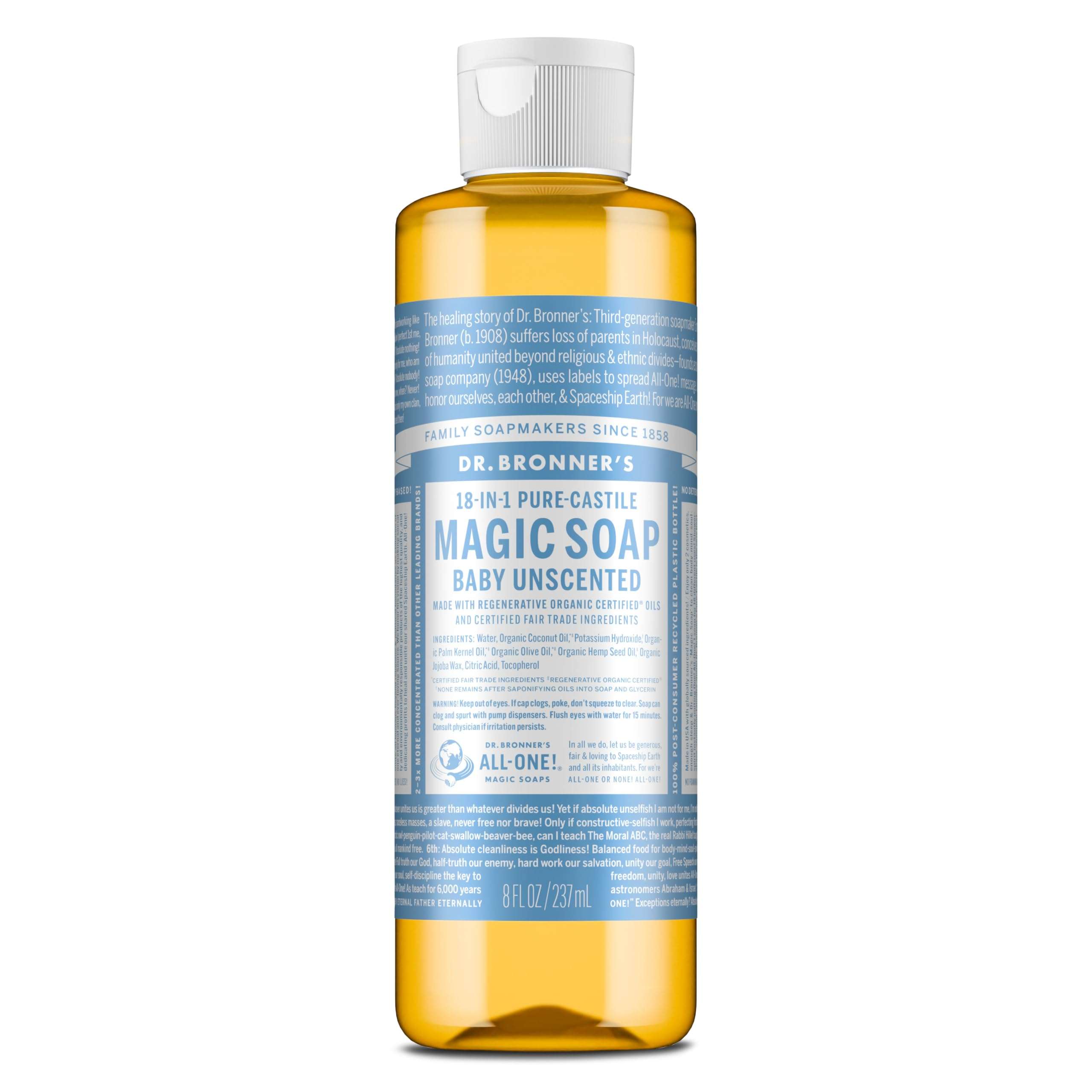Dr. Bronner's Pure-Castile Magic Liquid Soap (Baby Unscented, 8 Ounce)- Made with Regenerative Organic Certified Oils, For Face, Body Wash, Baby Soap, Sensitive Skin, No Added Fragrance, Vegan