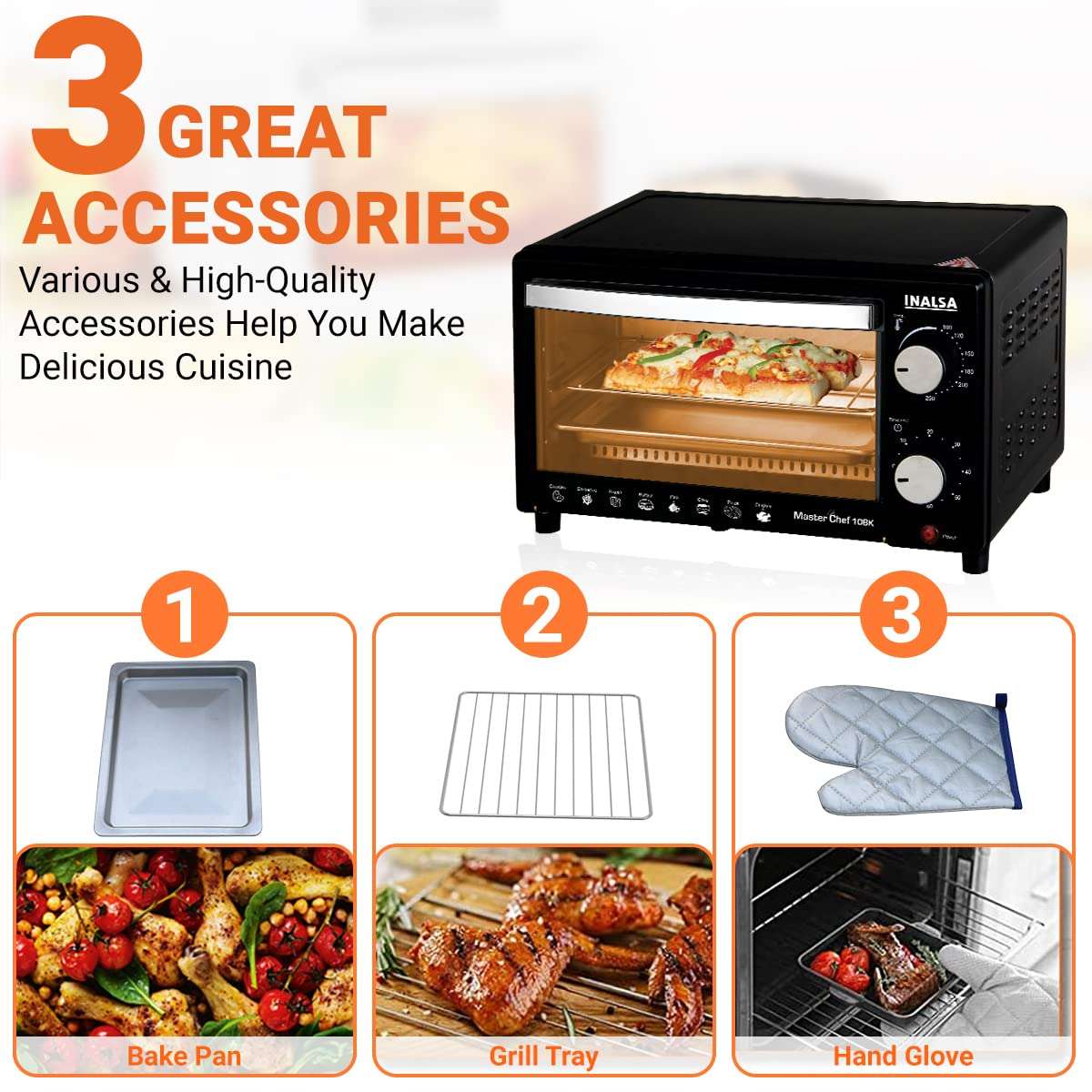 Inalsa Oven MasterChef 10BK OTG (10Liters) with Temperature Selection 800 W, Powder Coated Finish, Includes Baking Pan, SS Grill Tray, Hand Glove (Black, Silver) 800 watts 5