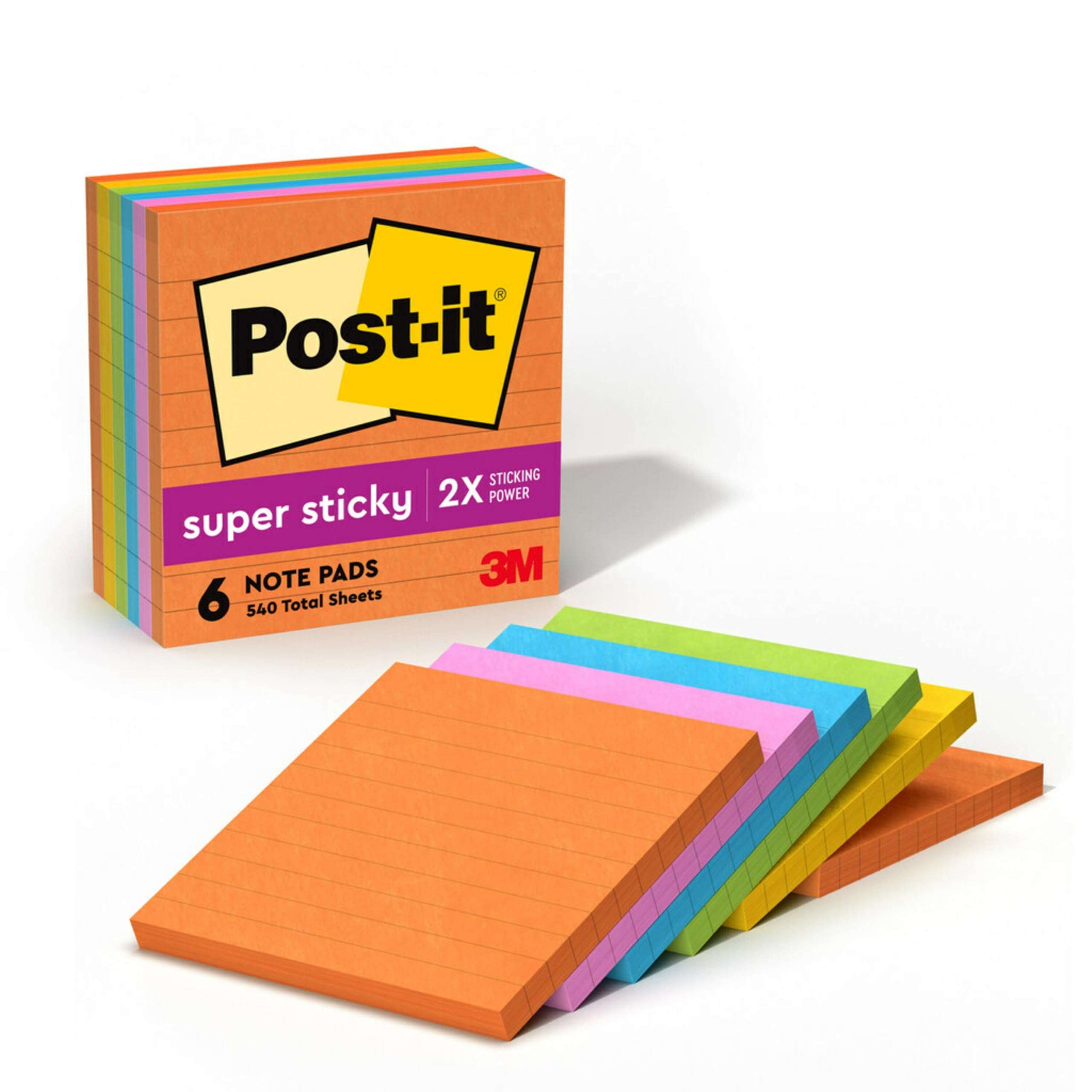 Post-it Super Sticky Lined Notes, 6 Sticky Note Pads, 4 x 4 in., School Supplies, Office Products, Sticky Notes for Vertical Surfaces, Monitors, Walls and Windows, Energy Boost Collection 1