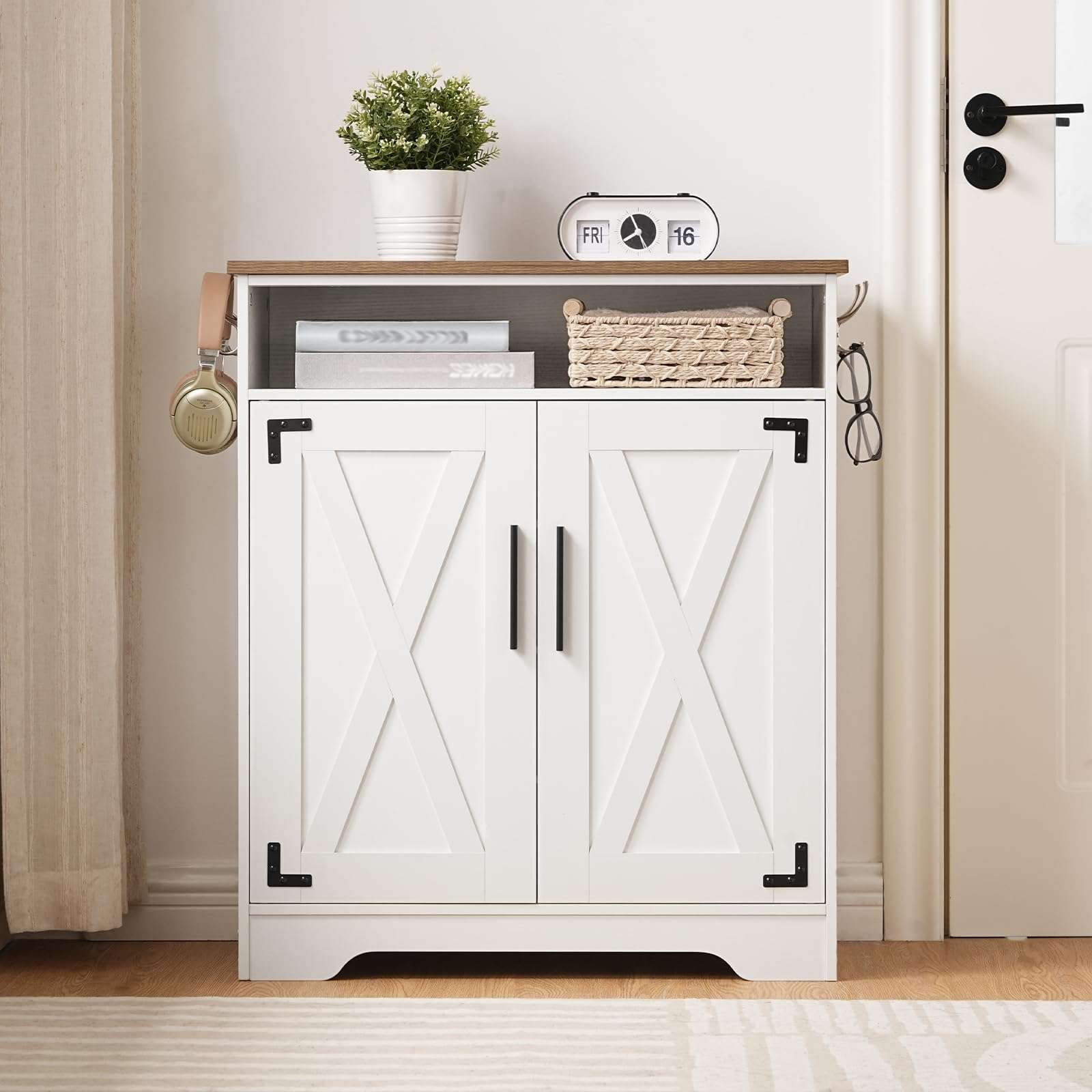 HOOBRO Shoe Cabinet, Farmhouse Shoe Storage Cabinet, Shoe Organizer Cabinet with Hooks and Adjustable Shelves, Shoe Cabinet Storage for Entryway, Living Room, White and Walnut WH16SC01 3