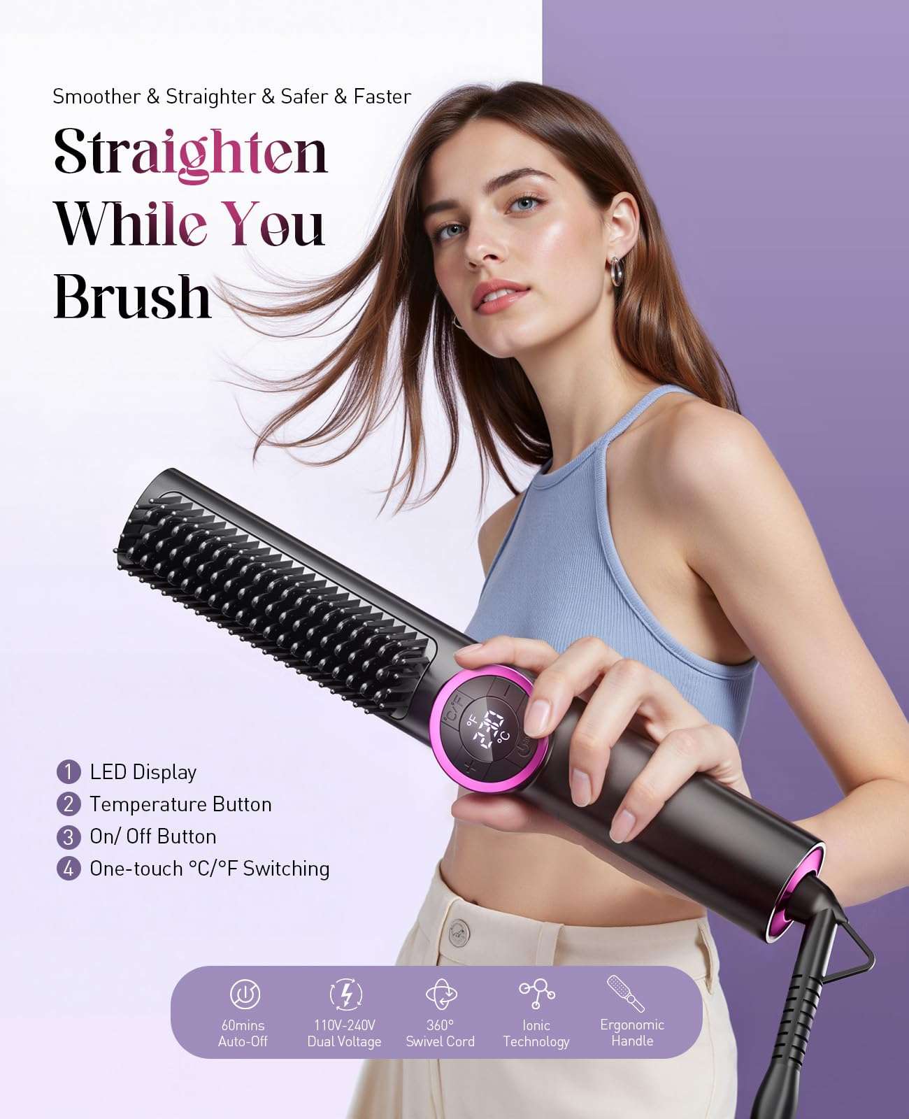 Hair Straightener Brush: Ionic Hair Straighteners for Women with 15 Temps, Straightening Brush Fast Heating with LED Display & Dual Voltage 3