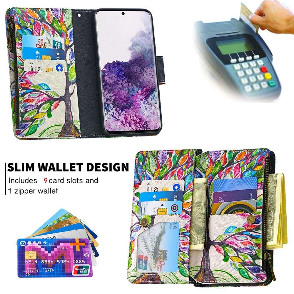 XYX Zipper Wallet Case for Samsung S20 FE, Colorful PU Leather Flip Wallet Zipper Purse Case with 9 Card Slots and Wrist Strap for Samsung S20 FE 5G 6.5 Inch, life Tree 3