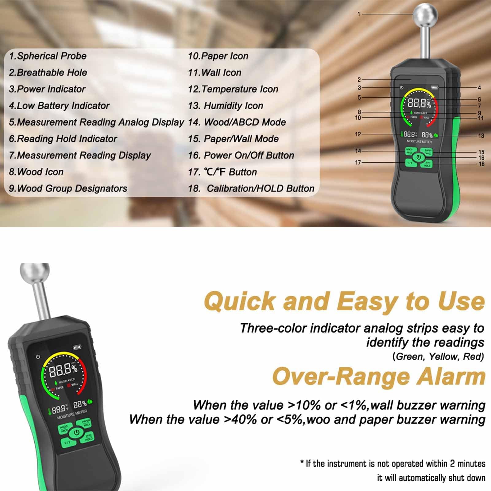 NVYAZJ Spherical Induction Moisture Meter, Portable Moistures Detector with Buzzer Alarm, 3-Color Indicator Simulation Bar, High Precision and Responsive for Floor, Wood 4