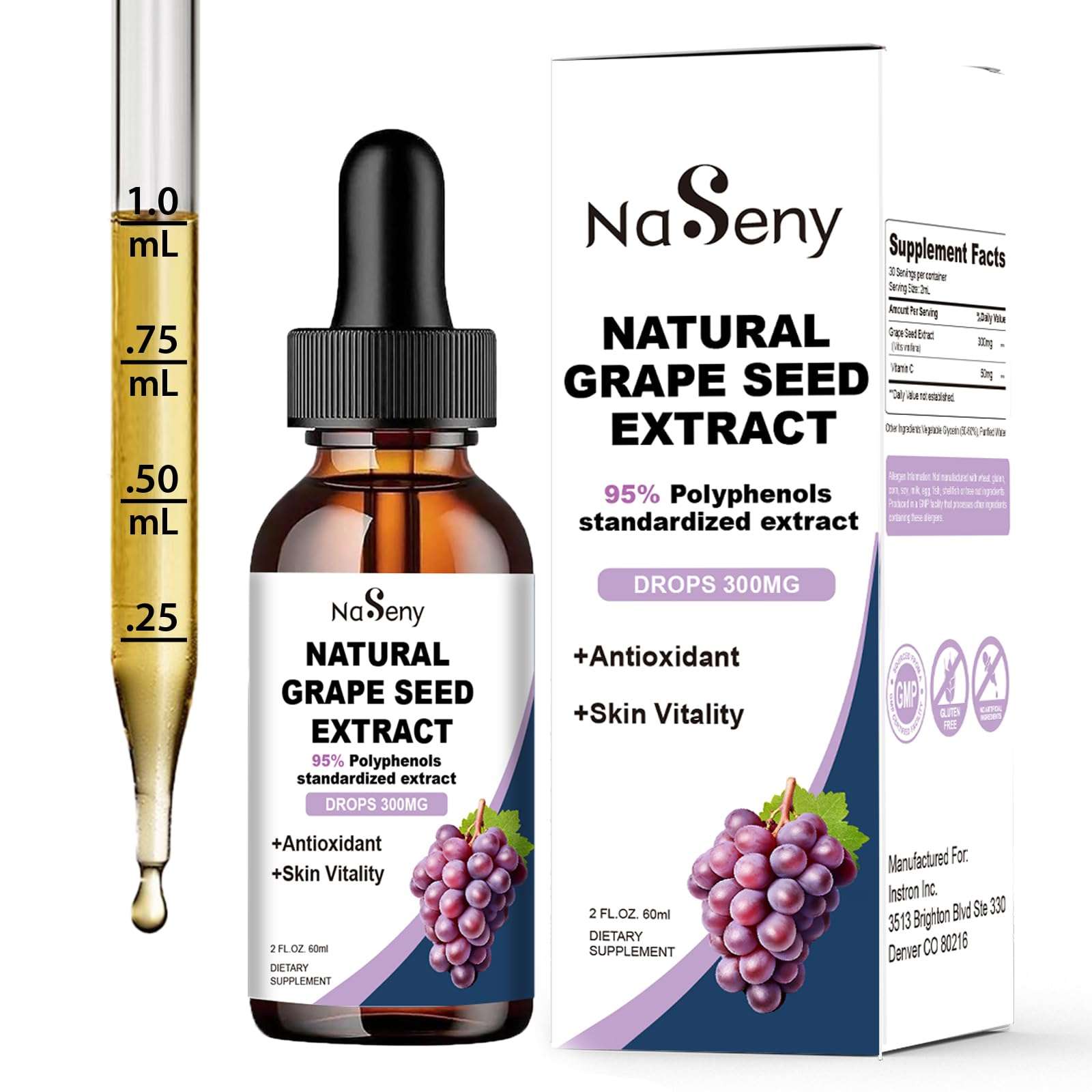 Natural Grape Seed Extract Drops-300 mg Grape Seed Extract Liquid Supplement - Maximum Strength Vitis Vinifera Seed Tincture, Standardized to 95% Polyphenols, Non-GMO, Gluten Free (60ml) 1
