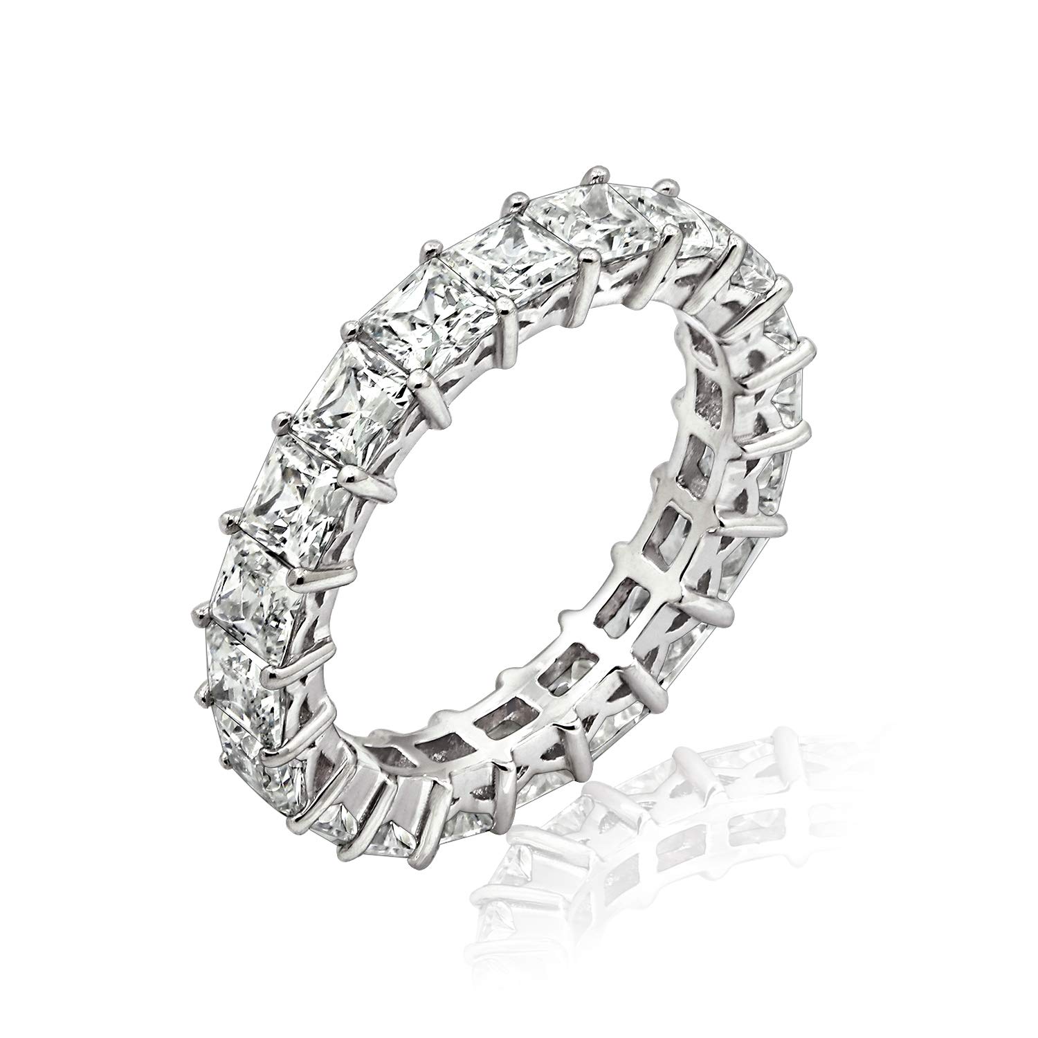 Amazon Essentials Platinum-Plated Sterling Silver Princess Cut All-Around Band Ring made with Infinite Elements Cubic Zirconia (7.5 cttw), Size 5, (previously Amazon Collection)