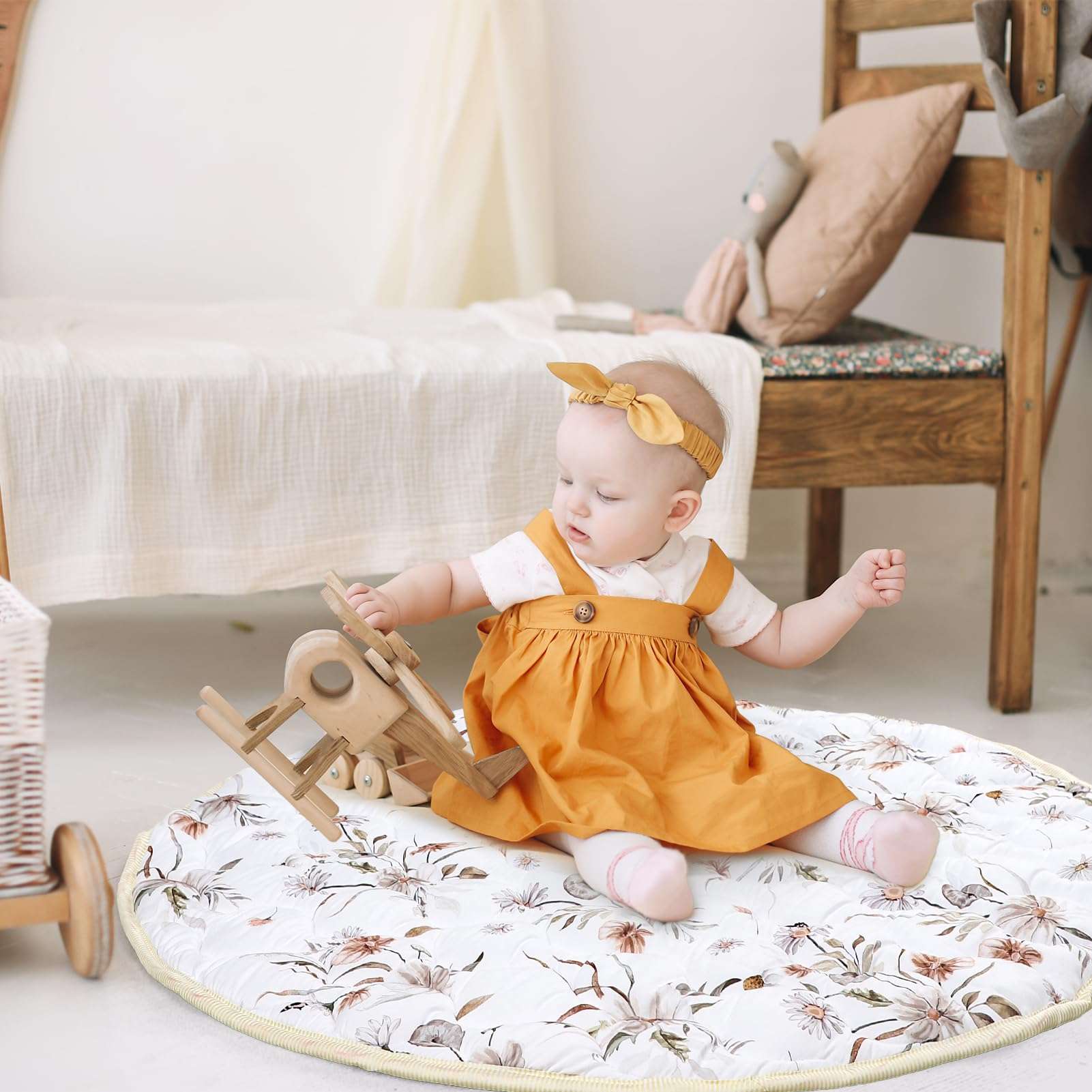 CARUILI Round Baby Play Mat for Floor, Soft Nursery Rug Girl, Anti Slip Kids Activity Tent Tummy Time Crawling Playmat Padded, White Floral (40" X 40") 3