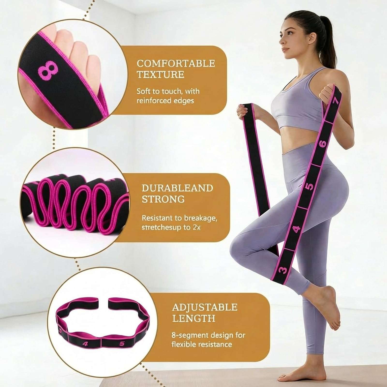 3 Pack Yoga Stretch Strap with Loops, Numbered Resistance Bands for Flexibility, 8-Section Elastic Exercise Bands for Pilates, Dance, Gymnastics & Warm Up (Blue, Purple, Rose Red) 5