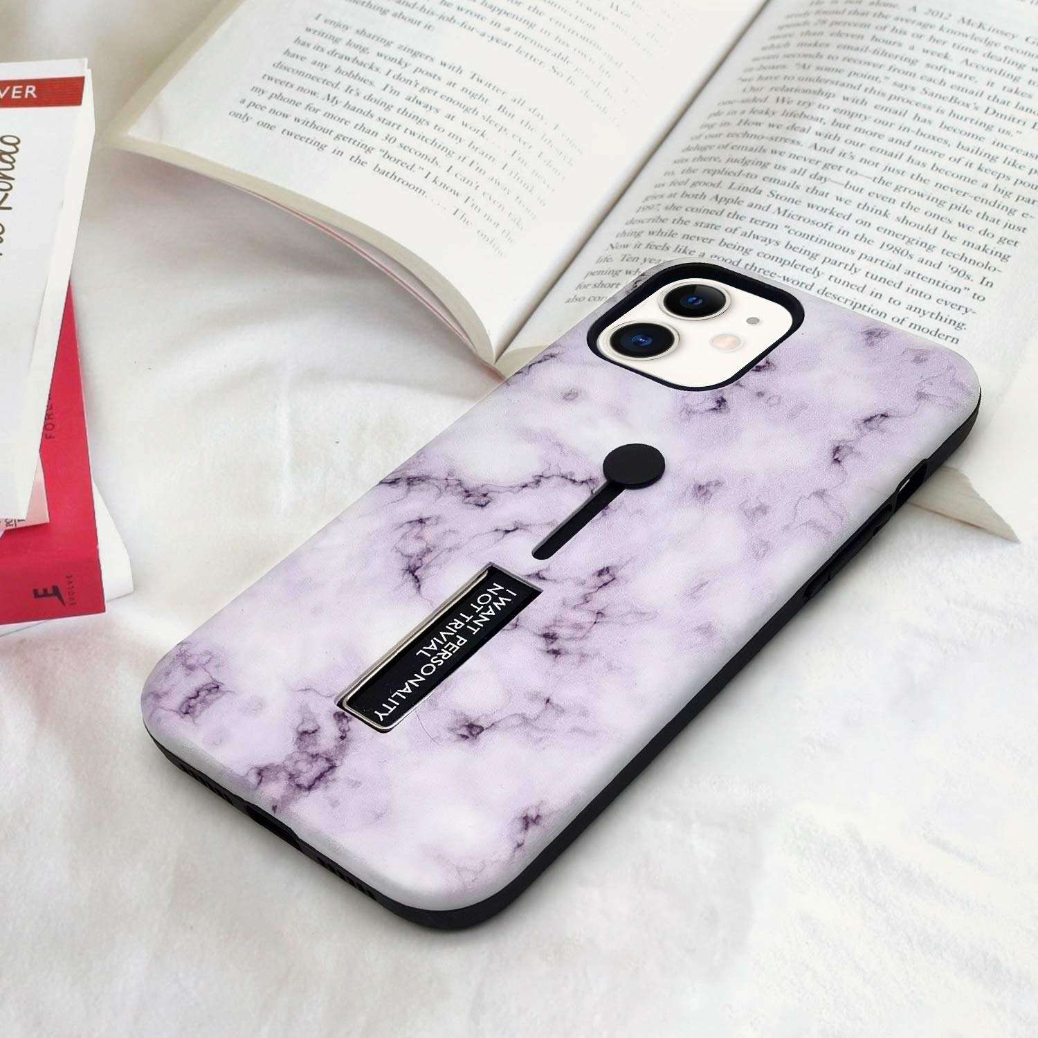 Omio Compatible with iPhone 12 Marble Case Stone Pattern Cover Finger Ring Loop Strap Grip Holder Kickstand Stand Ultra Thin Slim Fit Dustproof Protective Shockproof Dual Layer Case 2