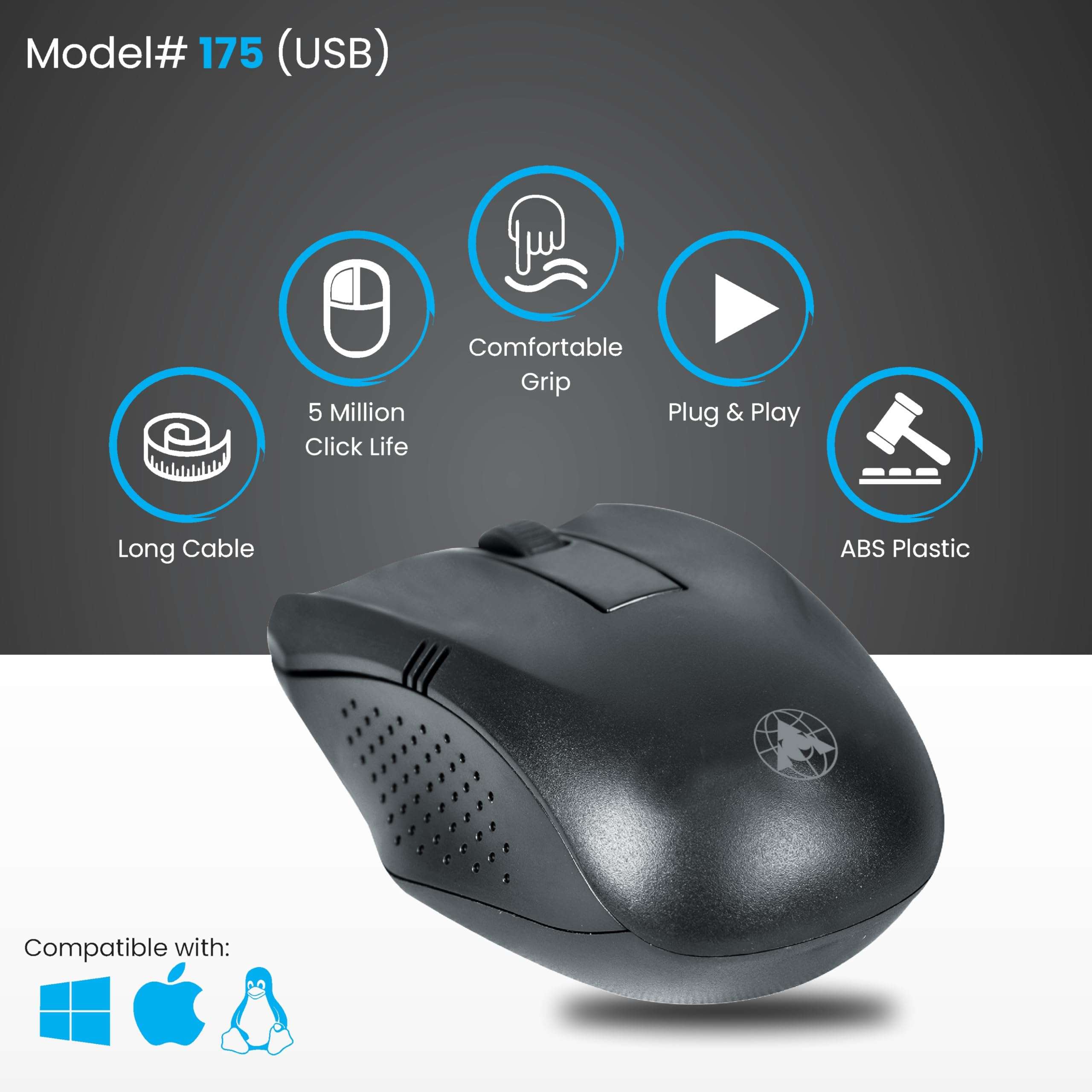 ProDot Wired Mouse - Ergonomic Design, Precise Tracking, Universal Compatibility - Ideal for PC, Mac, Gaming, and Office Use (MU-175, Black) 3
