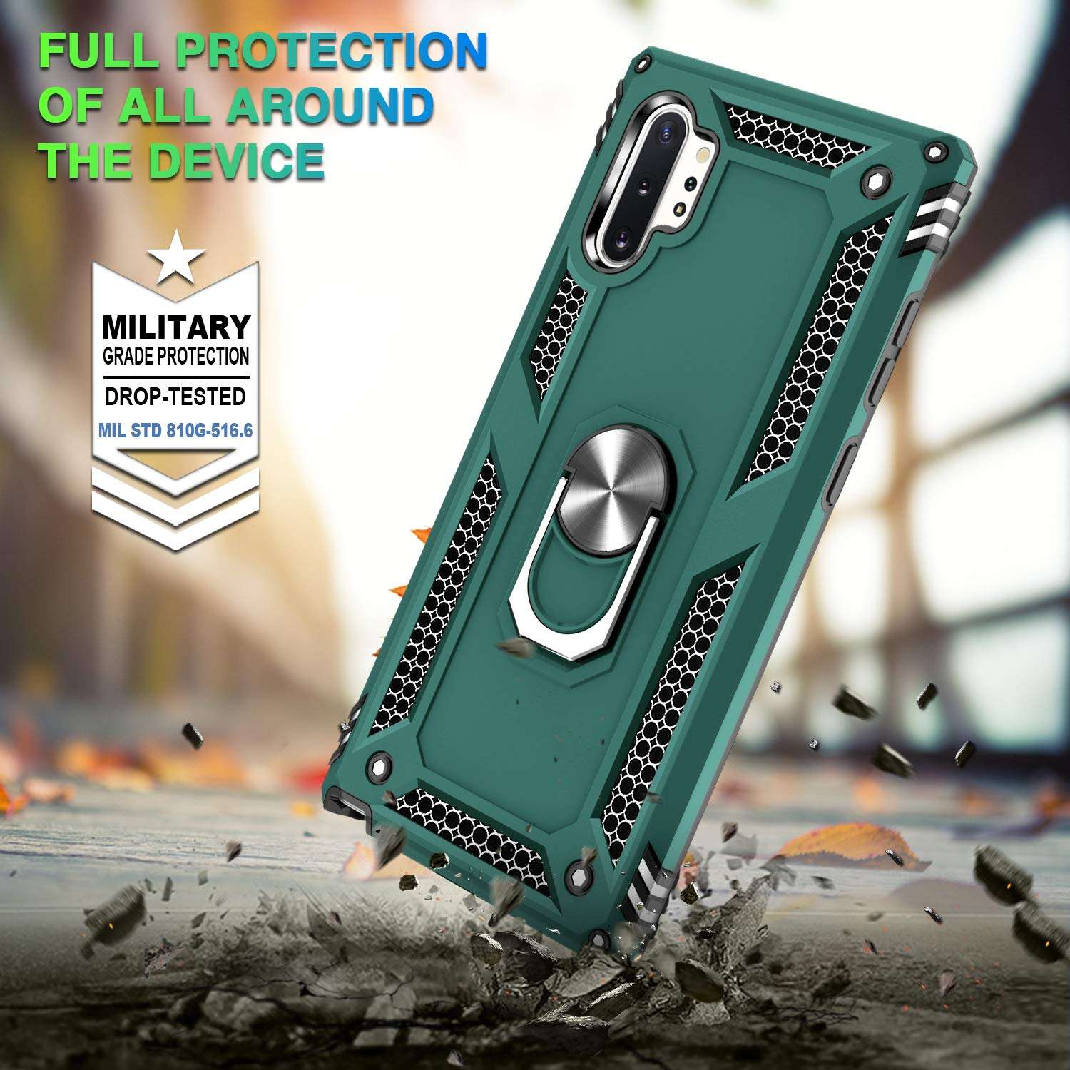 Compatible for Samsung Note 10 Plus Case, for Galaxy Note 10+ Case with Screen Protector [3D PET, 2 Pack], Jshru Rotating Ring Kickstand Protective Case for Samsung Galaxy Note 10 Plus, Midnight Green 6