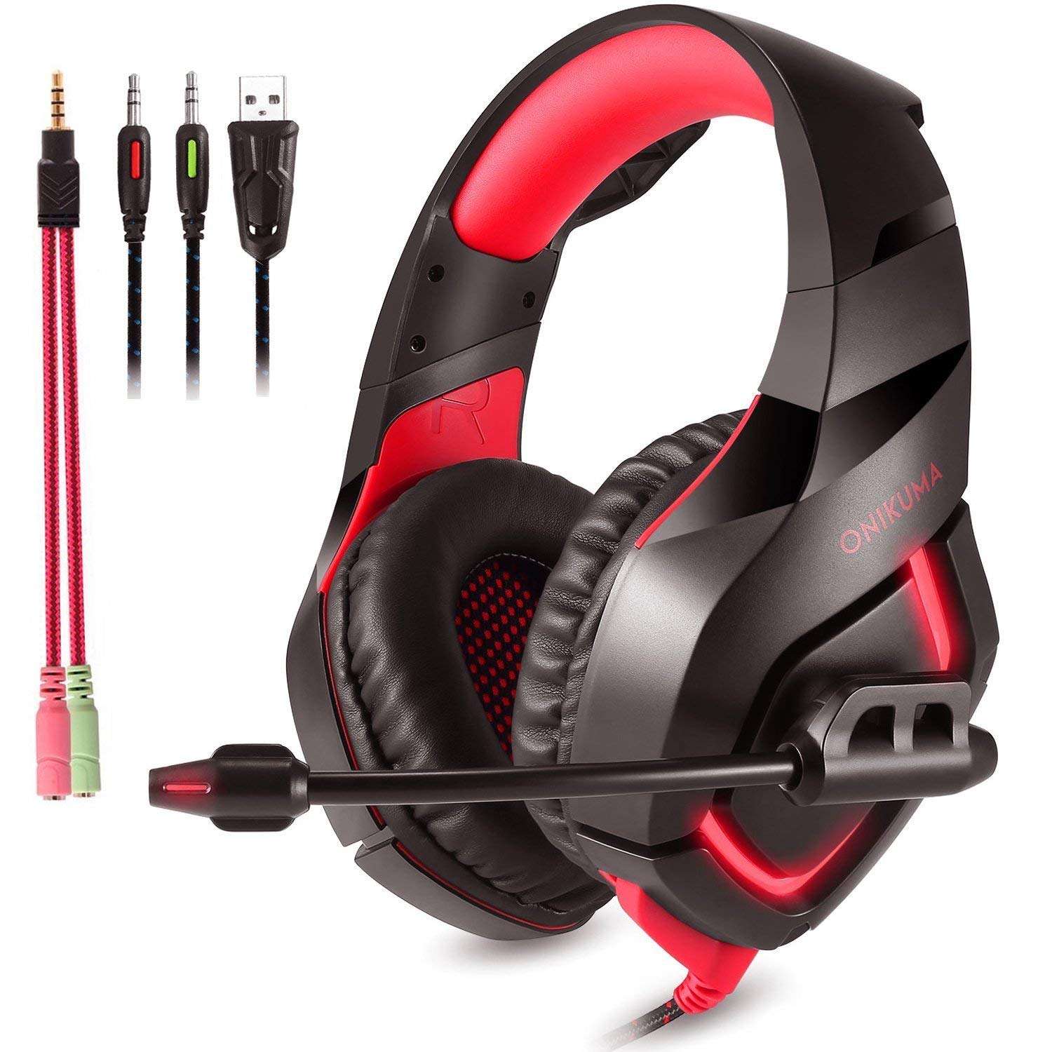 ONIKUMA K1B Stereo Gaming Headset with Mic, Controls and LED light for PC, PS4, Xbox and Mobiles (Black/Red) 1
