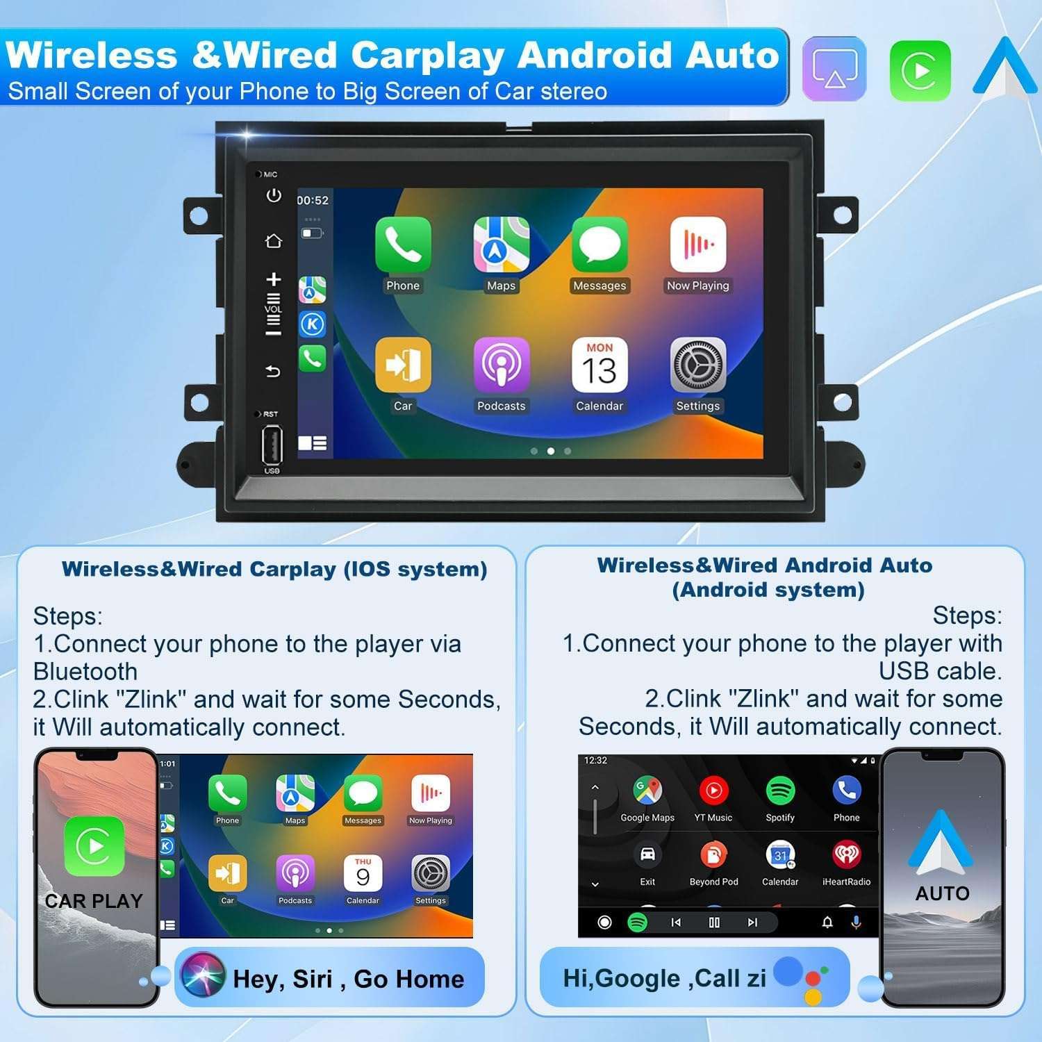 Android 13 Car Stereo Radio for Ford E250/E350 2009~2014 for Ford Escape 2008~2012 7in GPS Navigation for CarPlay Wireless Android Auto Bluetooth FM/RDS WiFi/SWC/Mirror Link 2+32G 3