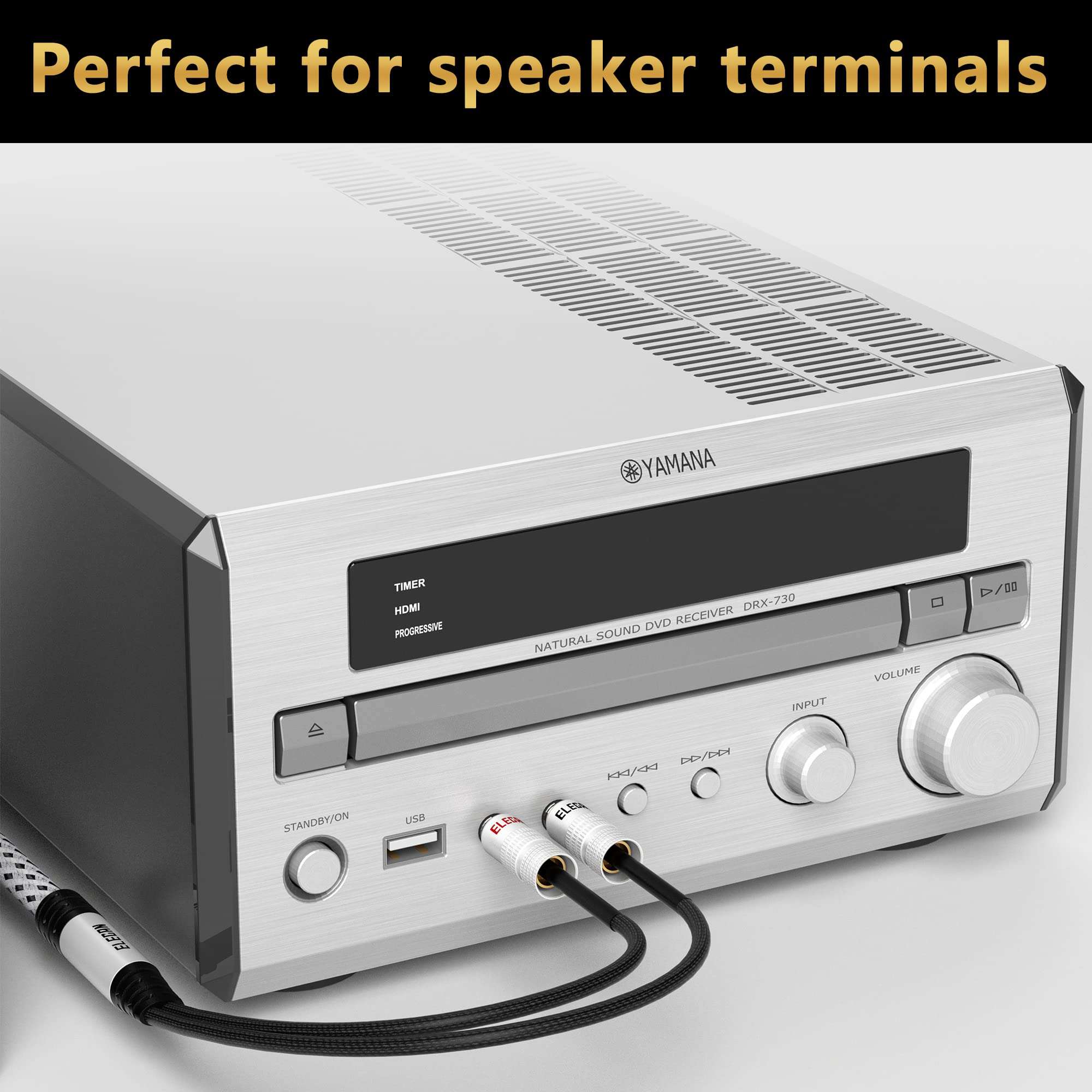 Elecan 14 AWG Speaker Cable Wire 30 Feet with Gold-Plated Banana Tip Plugs-CL2 Rated-in Wall-Heavy Duty Nylon Braided, Oxygen-Free Copper (OFC)-White-with 5 Cable Ties 6