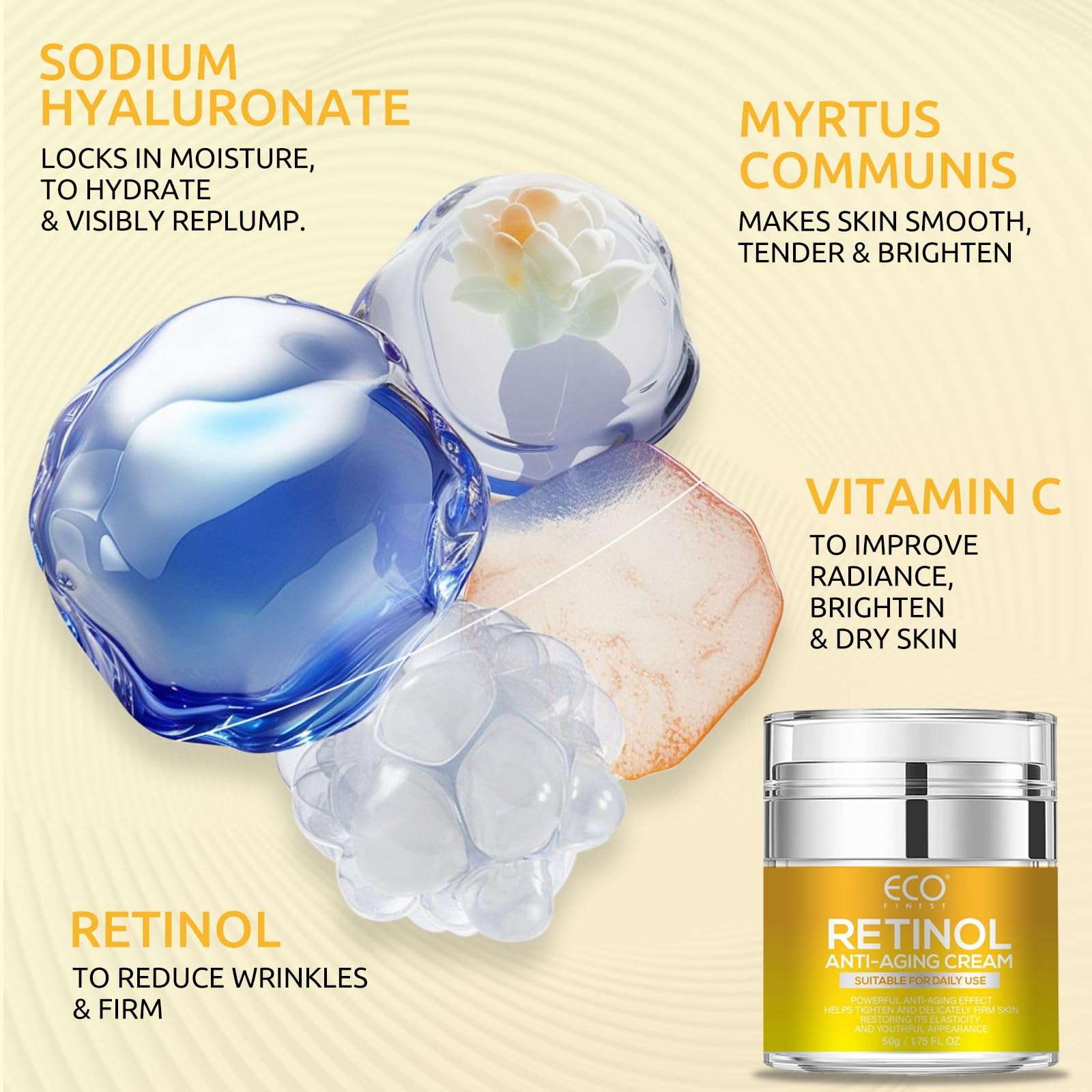 Retinol Cream for Face with Sodium Hyaluronate, Daily Hydration Anti-Aging Face Moisturizer Cream for Tightening Skin for Face, Neck, 50g 5