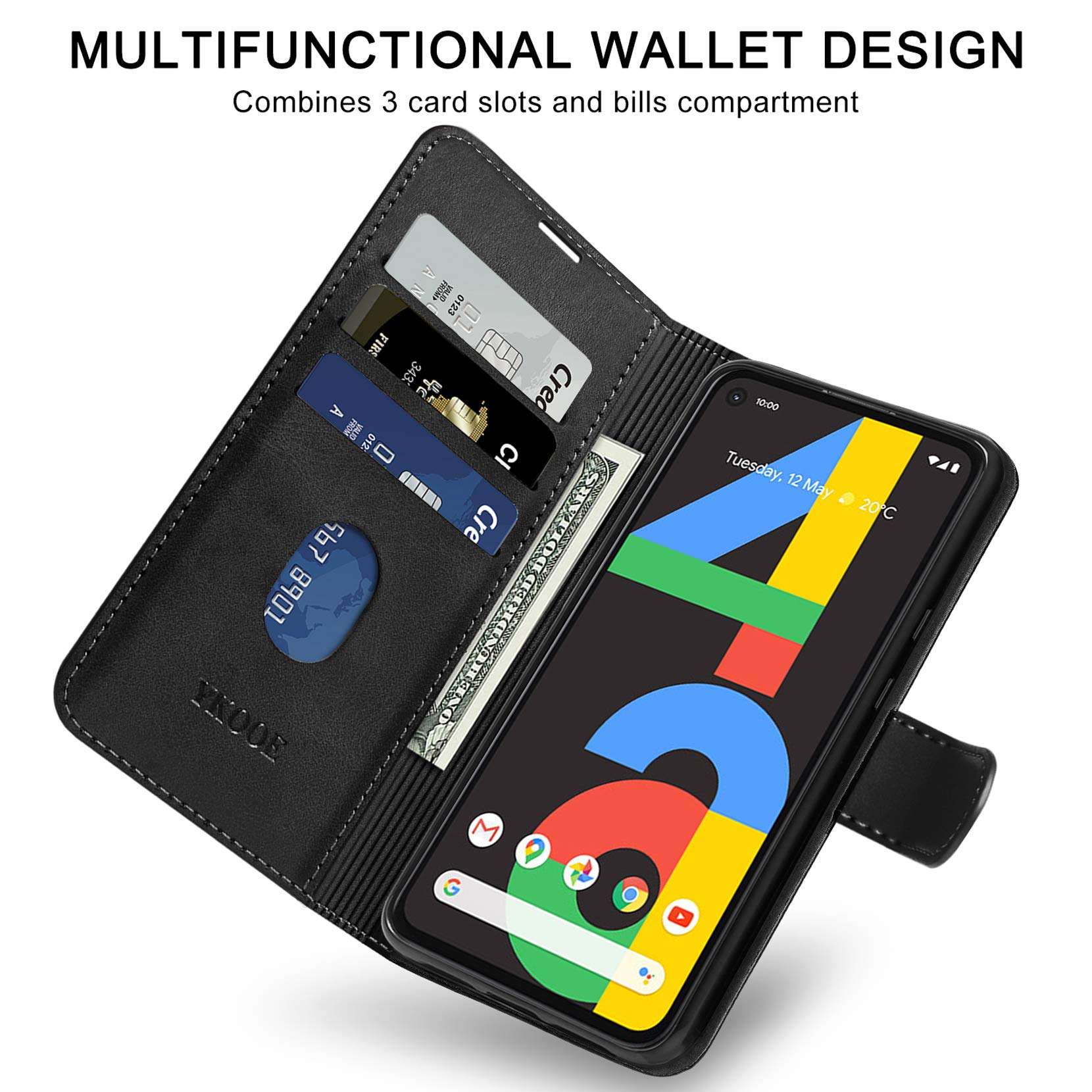 ykooe Google Pixel 4A Case (5.8"), Classic PU Leather Flip Phone Case for Google Pixel 4A 2020 Card Holder Cover, Black 2