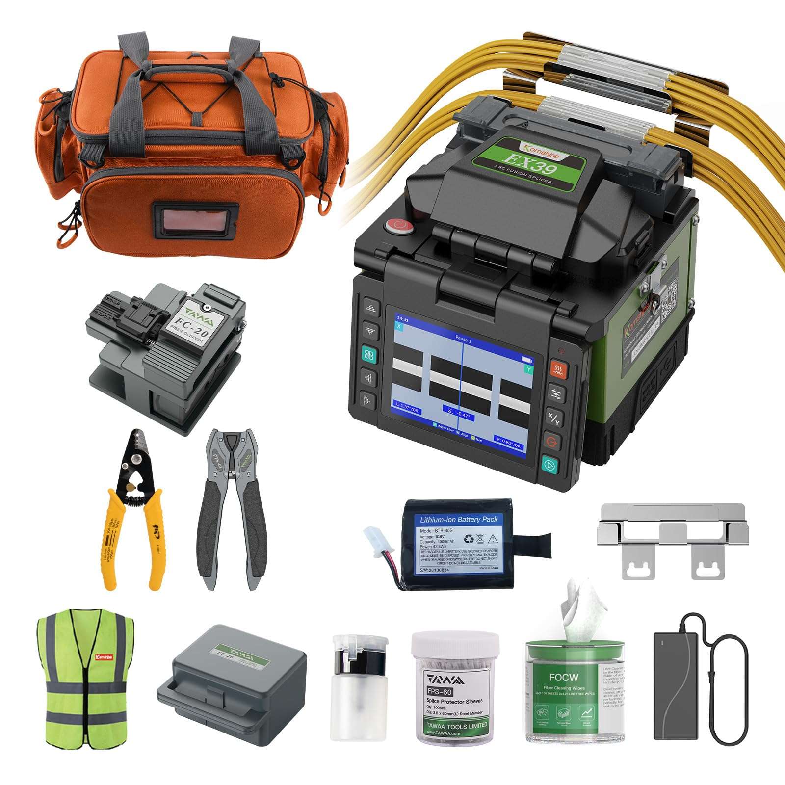 Komshine Optical Fusion Splicer EX39 FTTH Mini Fiber Fusion Splicer Machine Kit 8s Fast Splicing Fast-Heating 18s with Fiber Cleaver FC-20+ 1310/1550nm 32/30dB Singlemode OTDR Komshine QX55 Mini OTDR 3